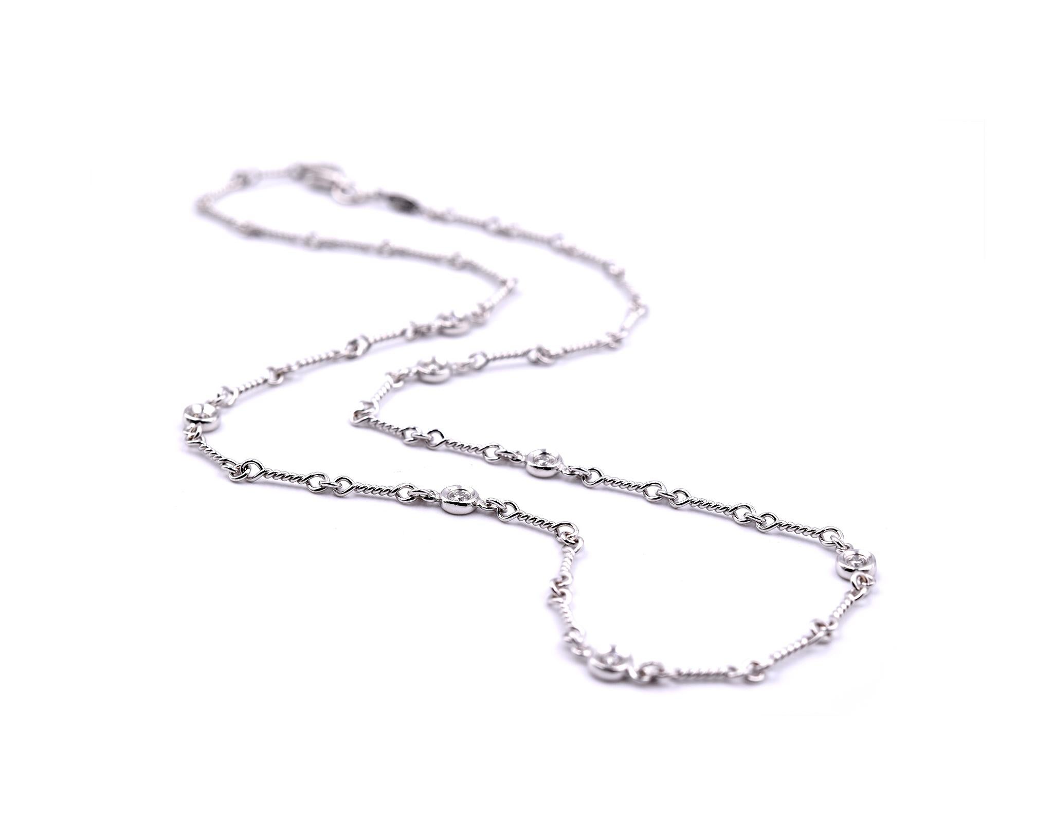 Designer: Roberto Coin Diamond by the Inch Collection
Material: 18k white gold
Diamonds: 7 round brilliant cuts = 0.28cttw
Dimensions: necklace measures 16 inches in length
Weight: 6.23 grams
Retail: $1,850
