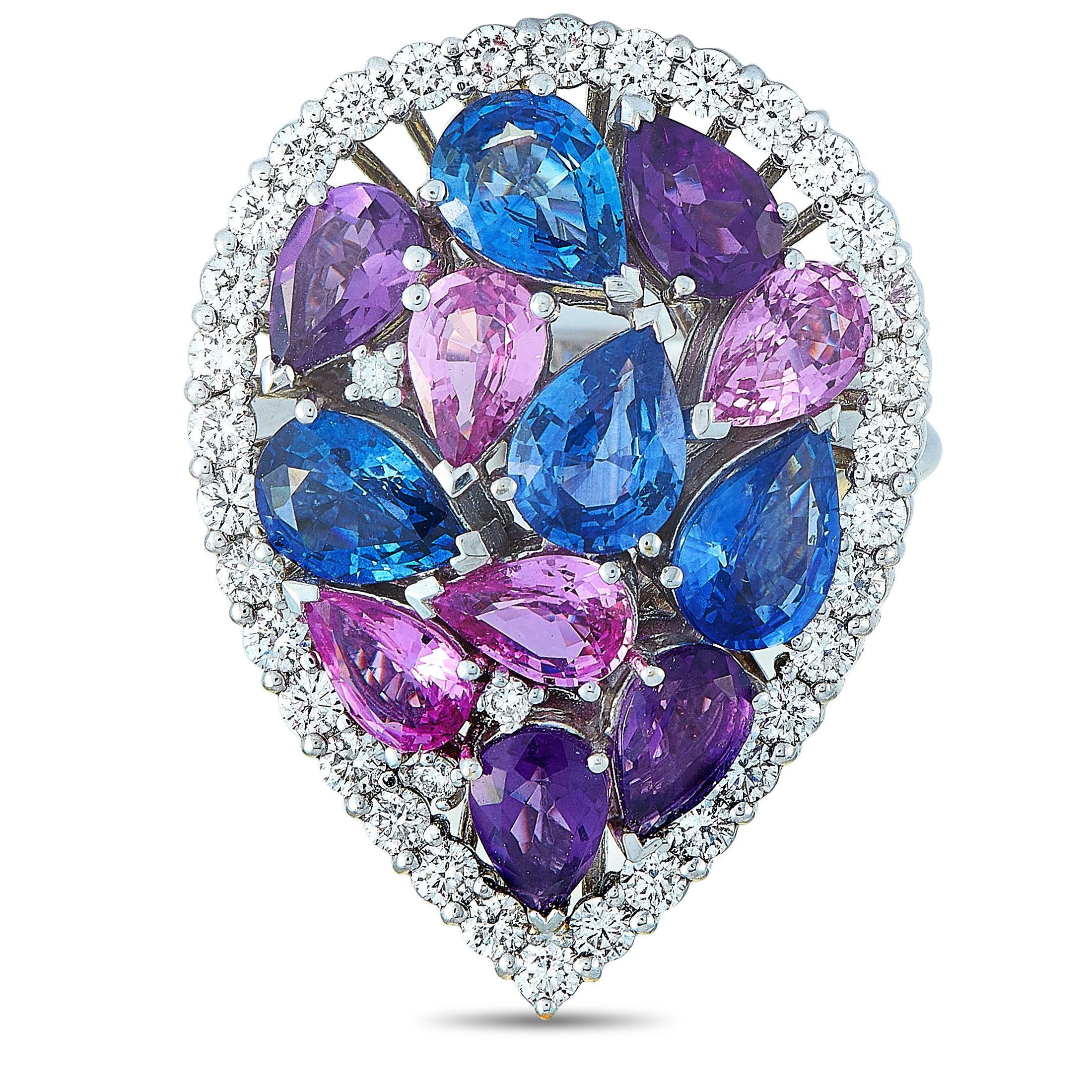 Roberto Coin 18 Karat Gold Diamond, Amethyst and Blue/Pink Sapphire Pear Ring 2