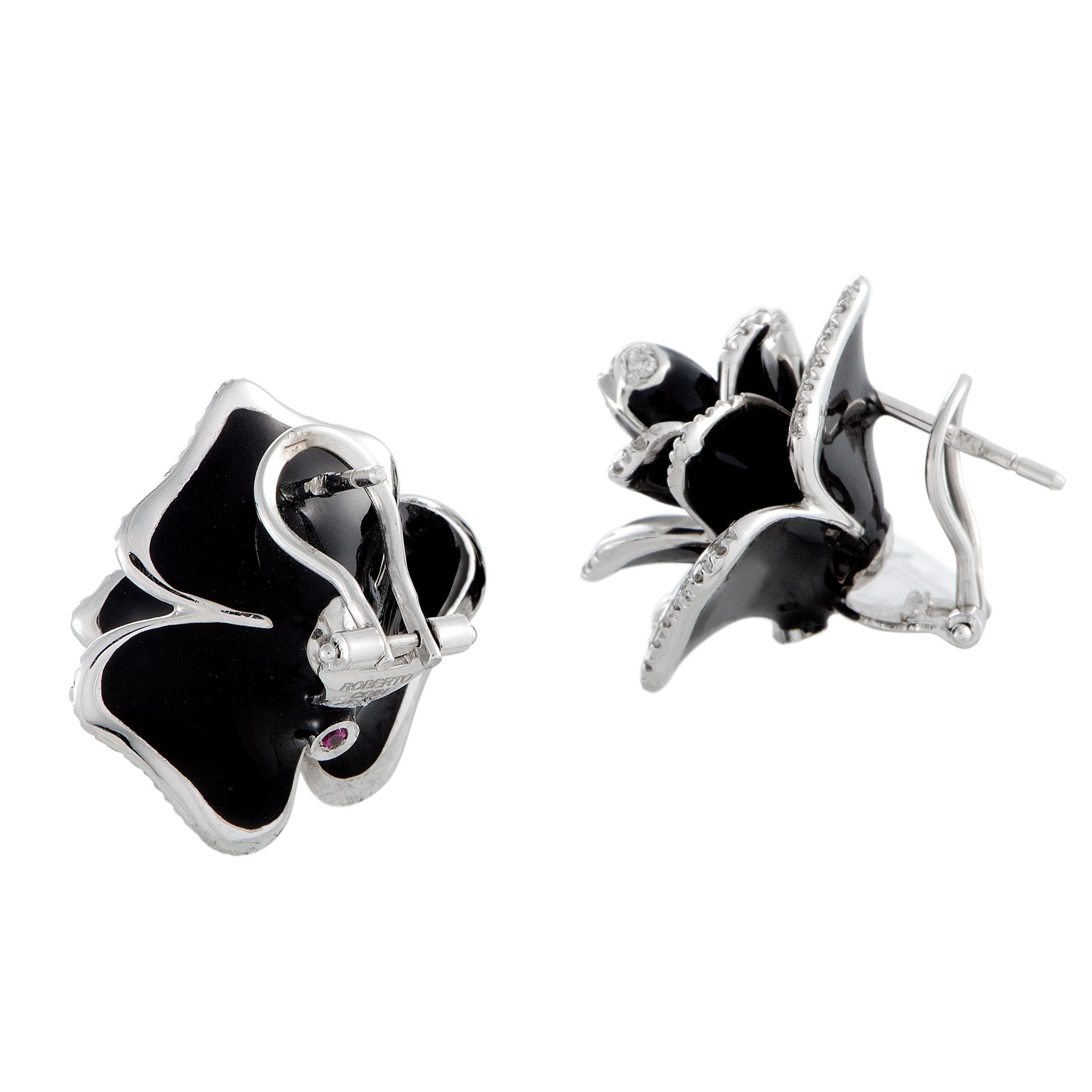 Depicting beautifully stylized flowers in a compellingly luxe fashion, these feminine Roberto Coin earrings will add a charming touch to any ensemble of yours. The pair is made of elegant 18K white gold, decorated with black enamel and with