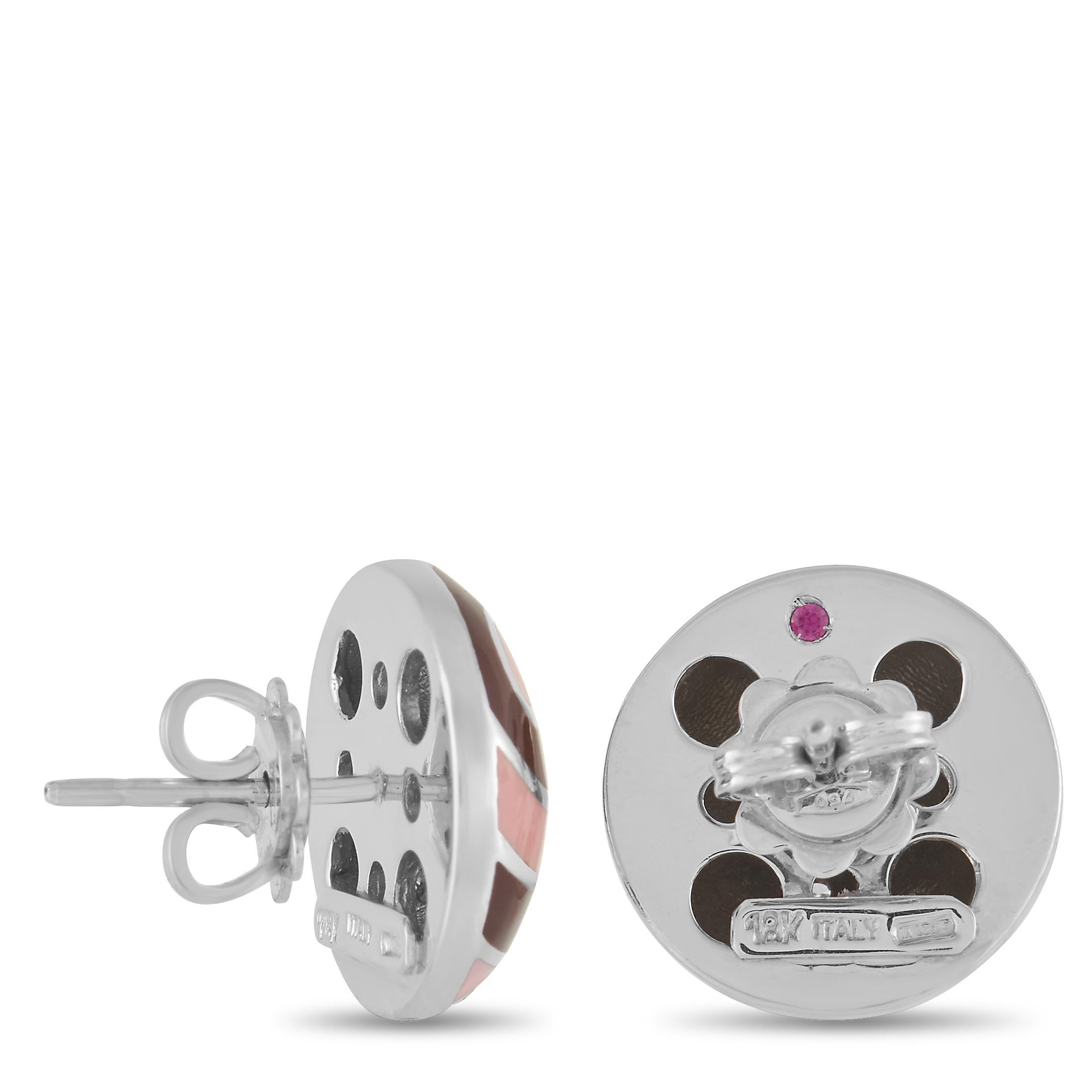 These bold, colorful earrings instantly command attention. Enamel swirls and 18K White Gold accents give them an artistic point of view, while subtle diamond accents add a scintillating finishing touch. Each earring measures .57” and features a