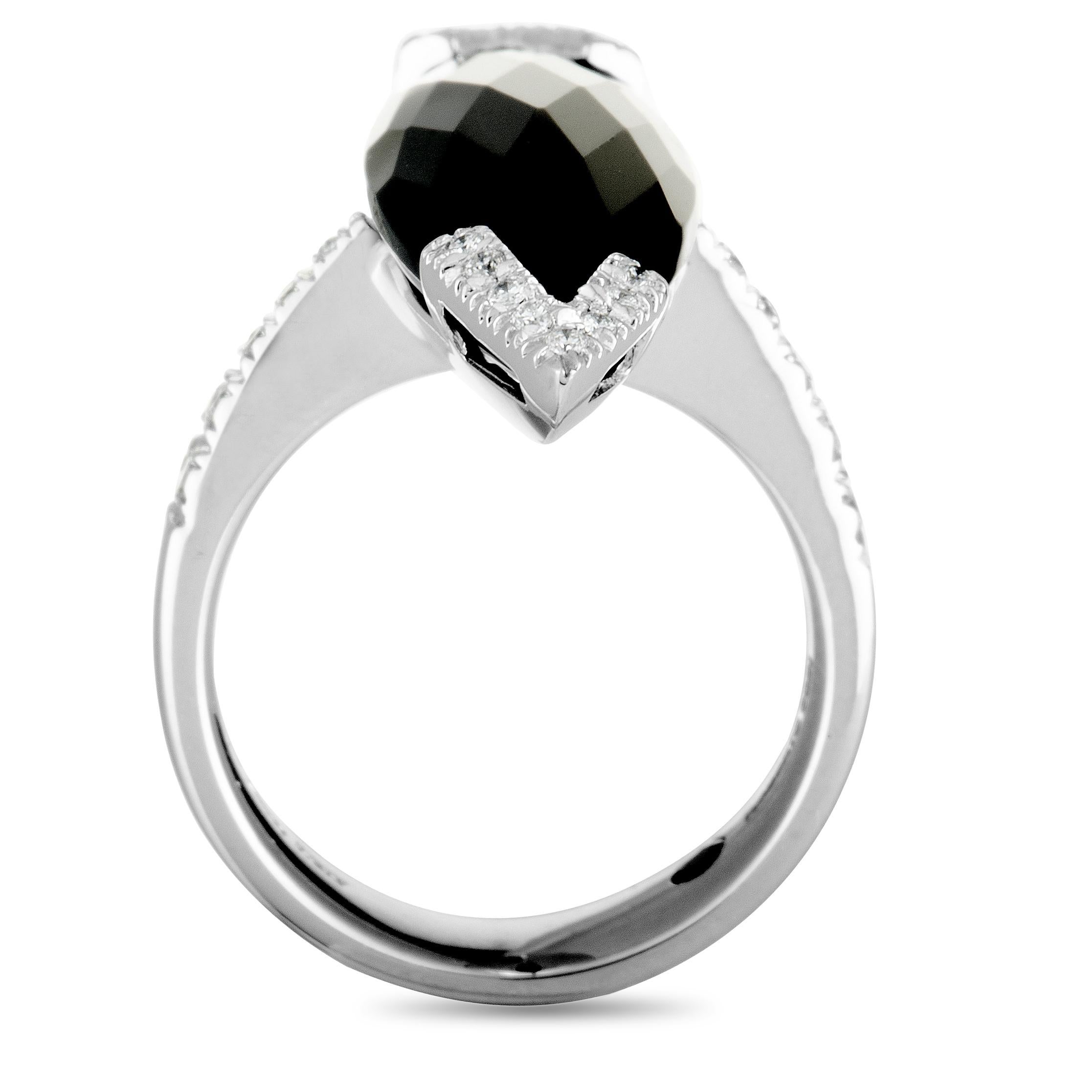 The expertly cut onyx is the star of the show in this fabulous ring from Roberto Coin that is exquisitely crafted from prestigious 18K white gold and embellished with resplendent diamond stones that amount to 0.35 carats.
 Ring Top Dimensions: 20mm