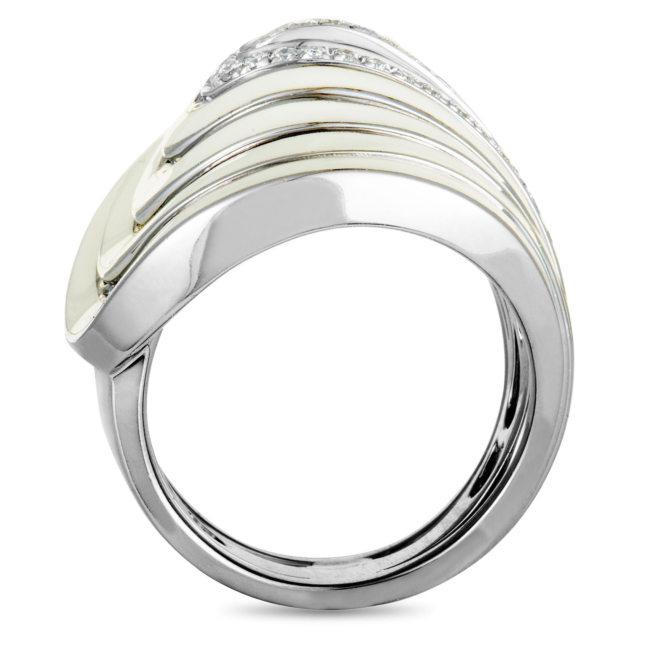 A compellingly luxurious effect is achieved in this majestic Roberto Coin ring by presenting an exceptionally attractive design in elegant 18K white gold and topping it off with sublime white enamel and with scintillating diamonds that weigh 0.22