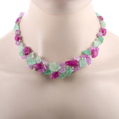 Roberto Coin 18 Karat Gold Diamond, Emerald and Ruby Leaves Riviera Necklace
