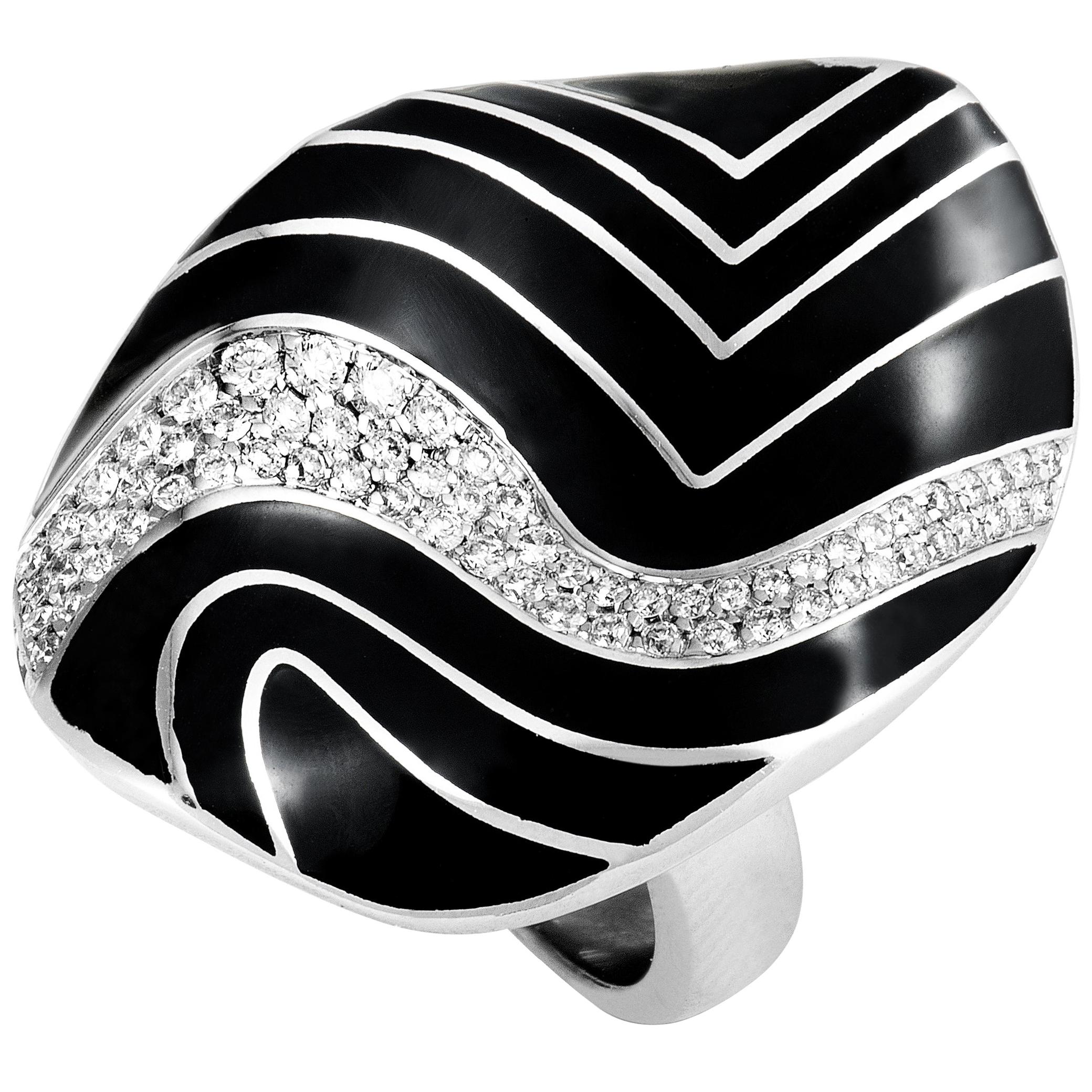 Roberto Coin 18 Karat White Gold Diamond Pave and Black Enamel Large Oval Ring