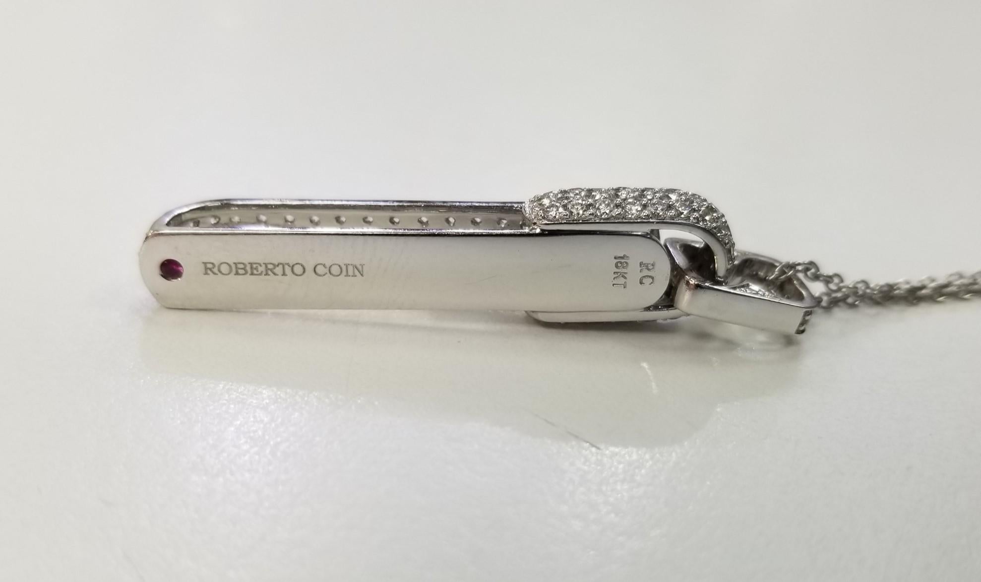 Contemporary Roberto Coin 18k White Gold Diamond Pave' Bar Pendant and Chain For Sale