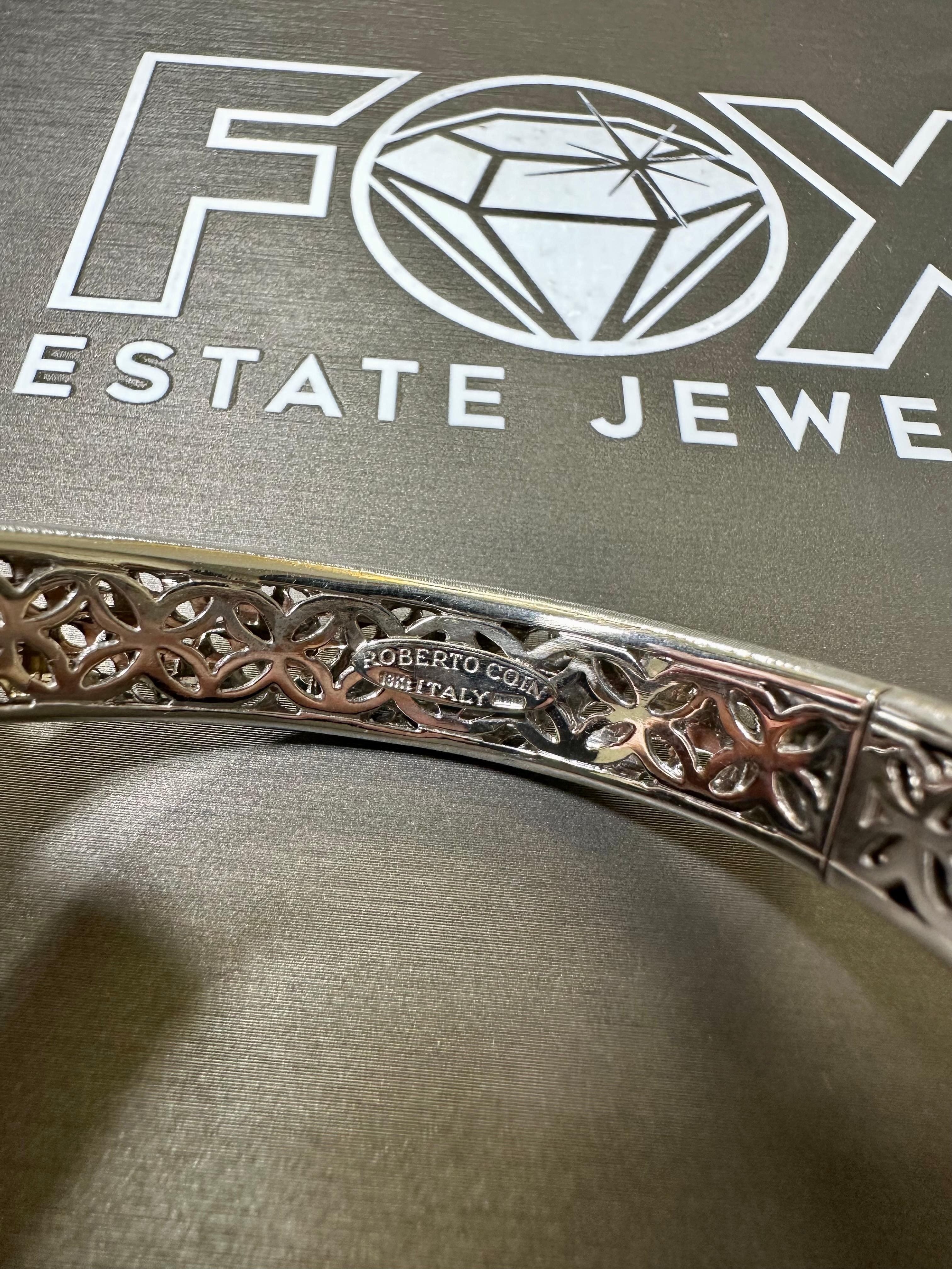ROBERTO COIN 18K White Gold Diamond Textured GRANADA Cuff Bracelet 7” In Good Condition For Sale In Winter Springs, FL