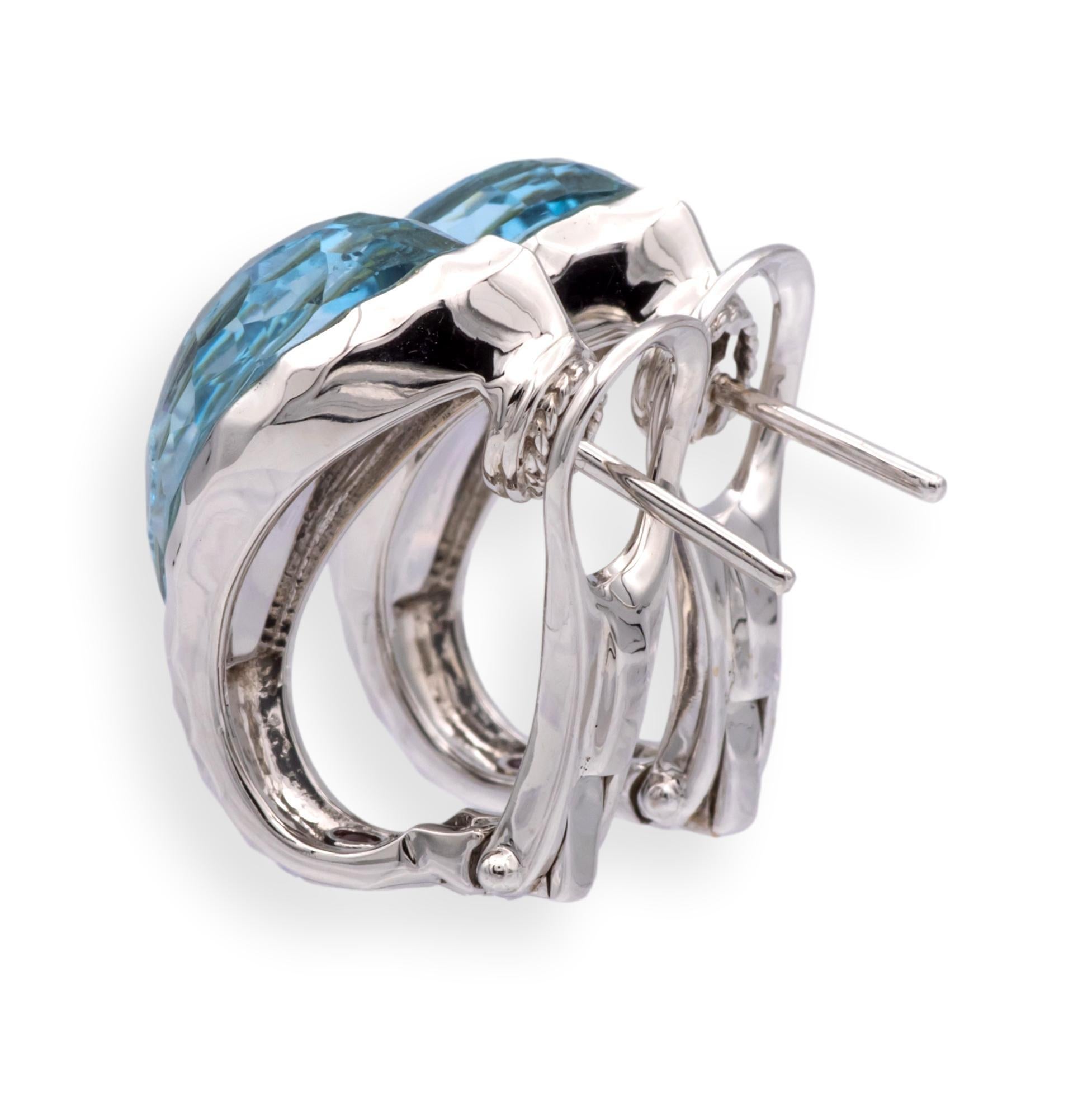 Taille mixte Roberto Coin Boucles d'oreilles clip / post en or blanc 18K Hammer avec Topaze Bleue 14cts en vente