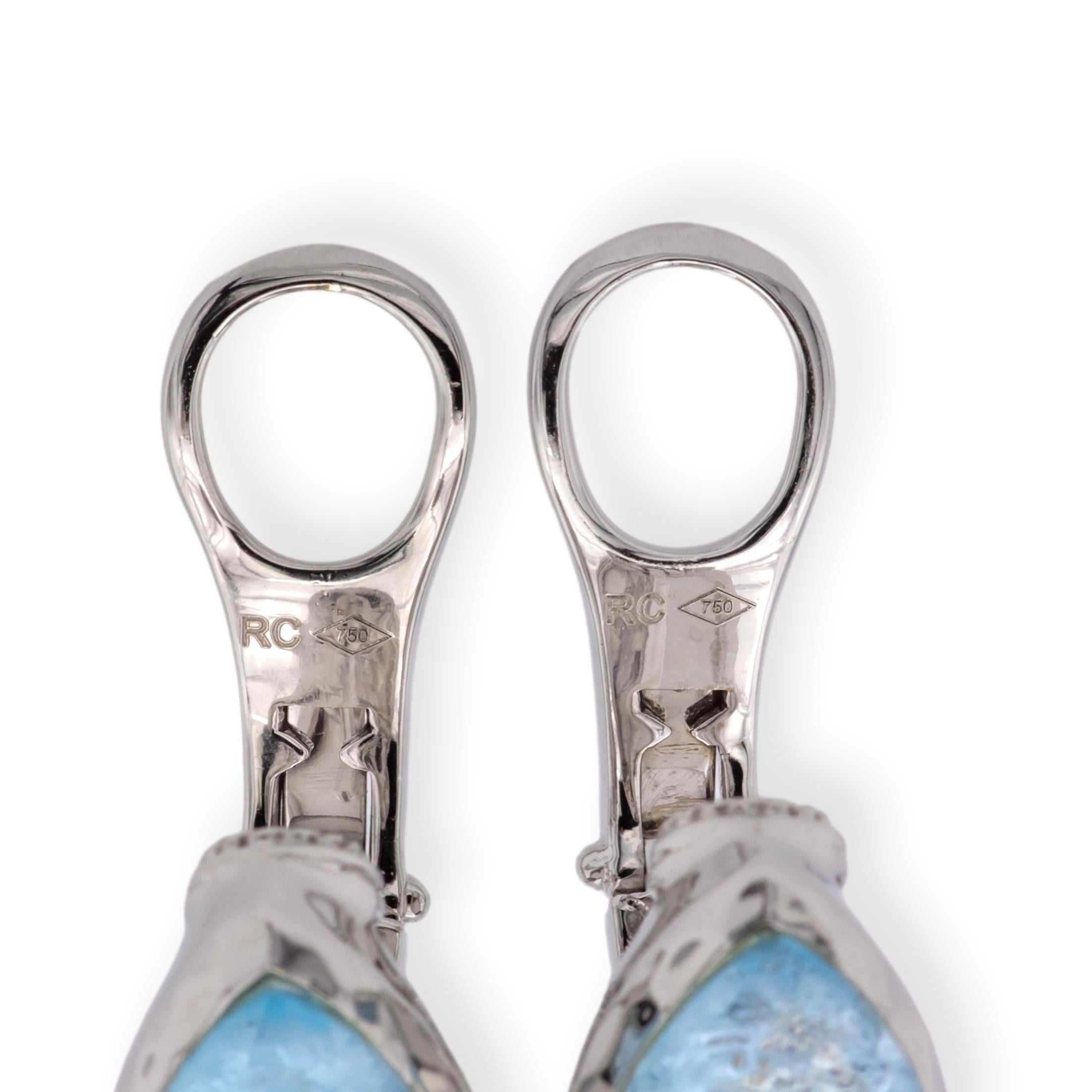 Roberto Coin Boucles d'oreilles clip / post en or blanc 18K Hammer avec Topaze Bleue 14cts en vente 2