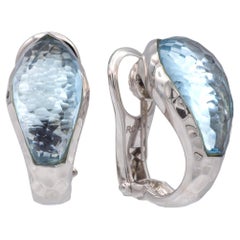 Roberto Coin 18K White Gold Hammered Clip / Post Earrings with Blue Topaz 14cts