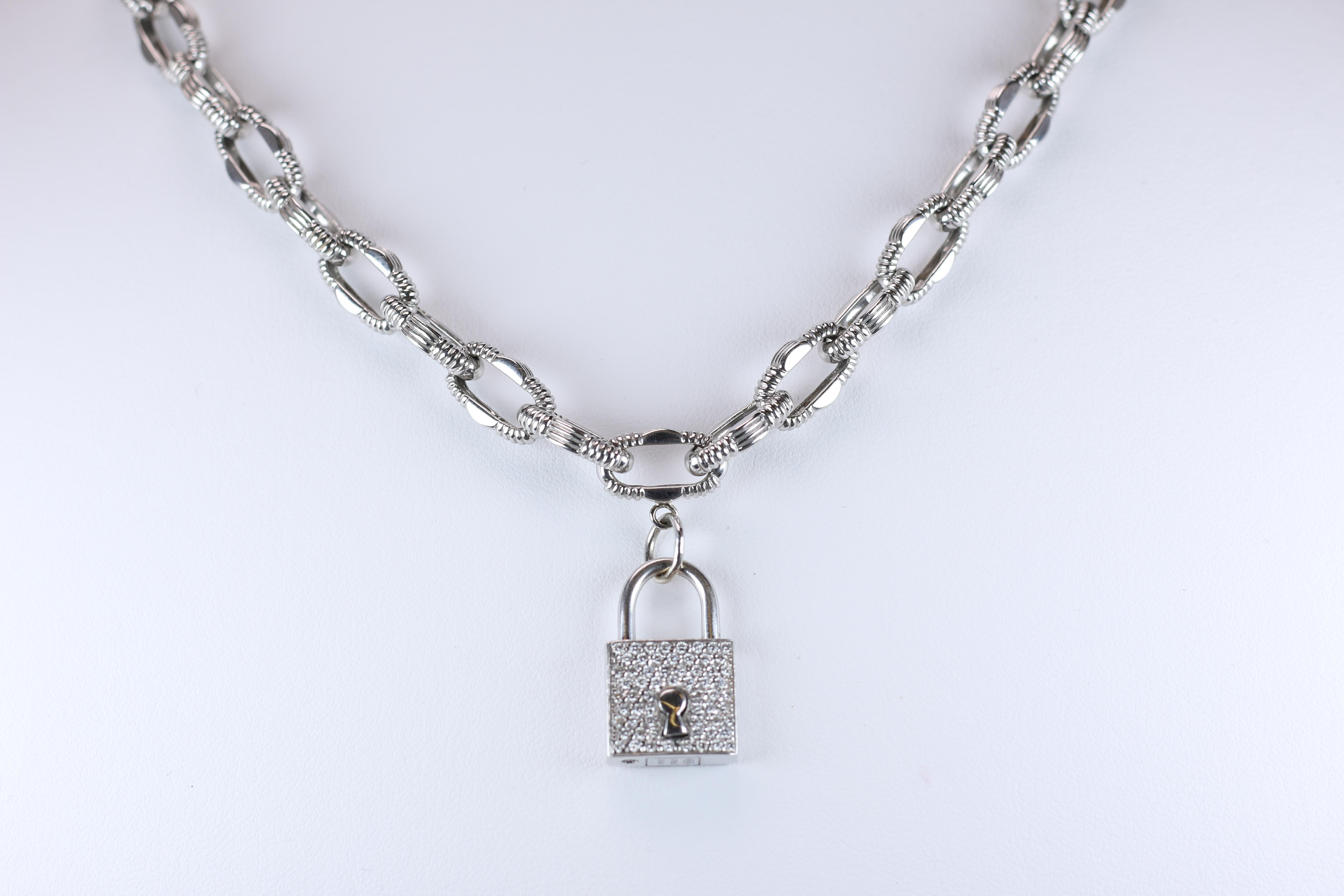 Round Cut Roberto Coin 18 Karat White Gold Link Necklace with Diamond Lock Pendant