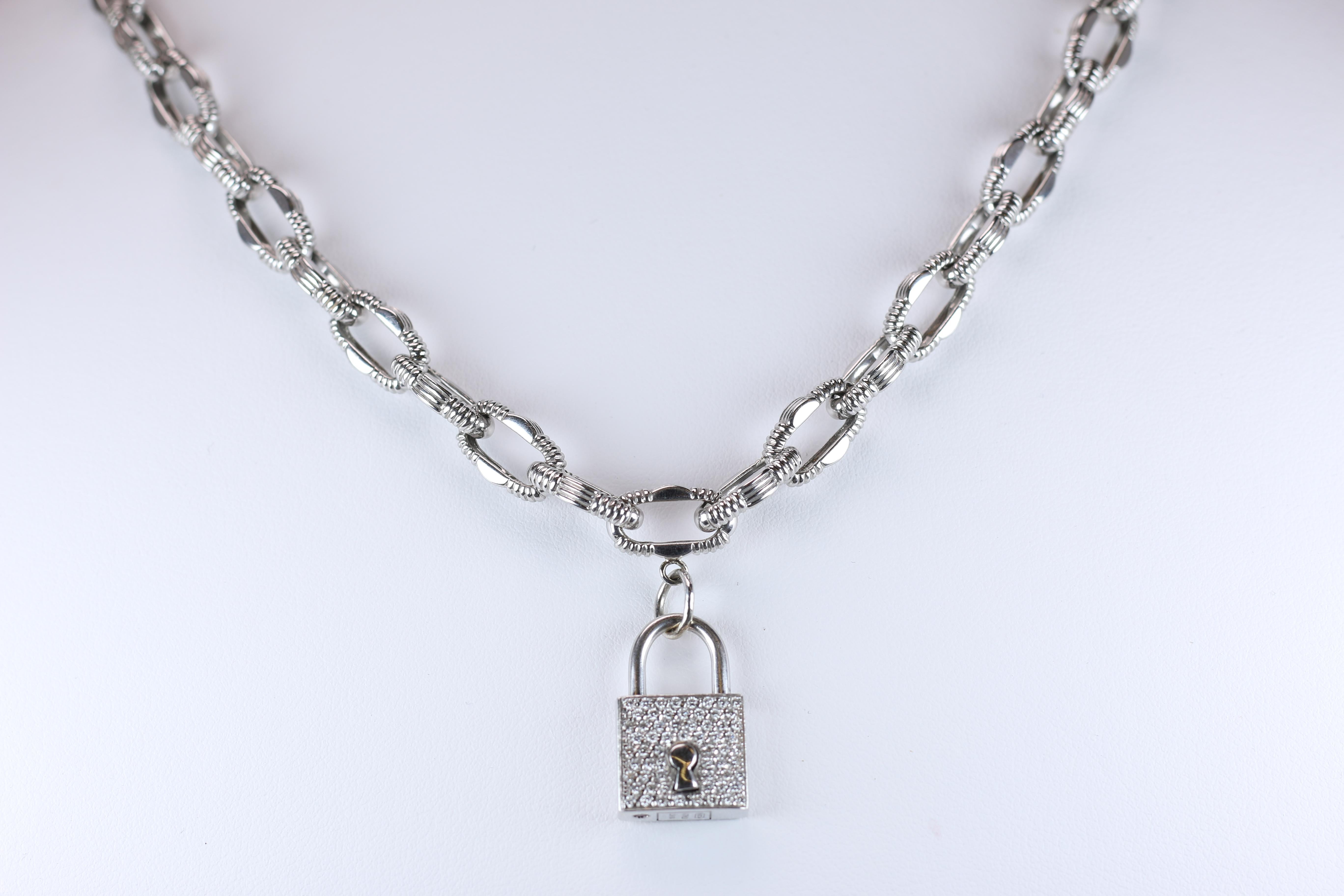 Roberto Coin 18 Karat White Gold Link Necklace with Diamond Lock Pendant In Good Condition In Dallas, TX