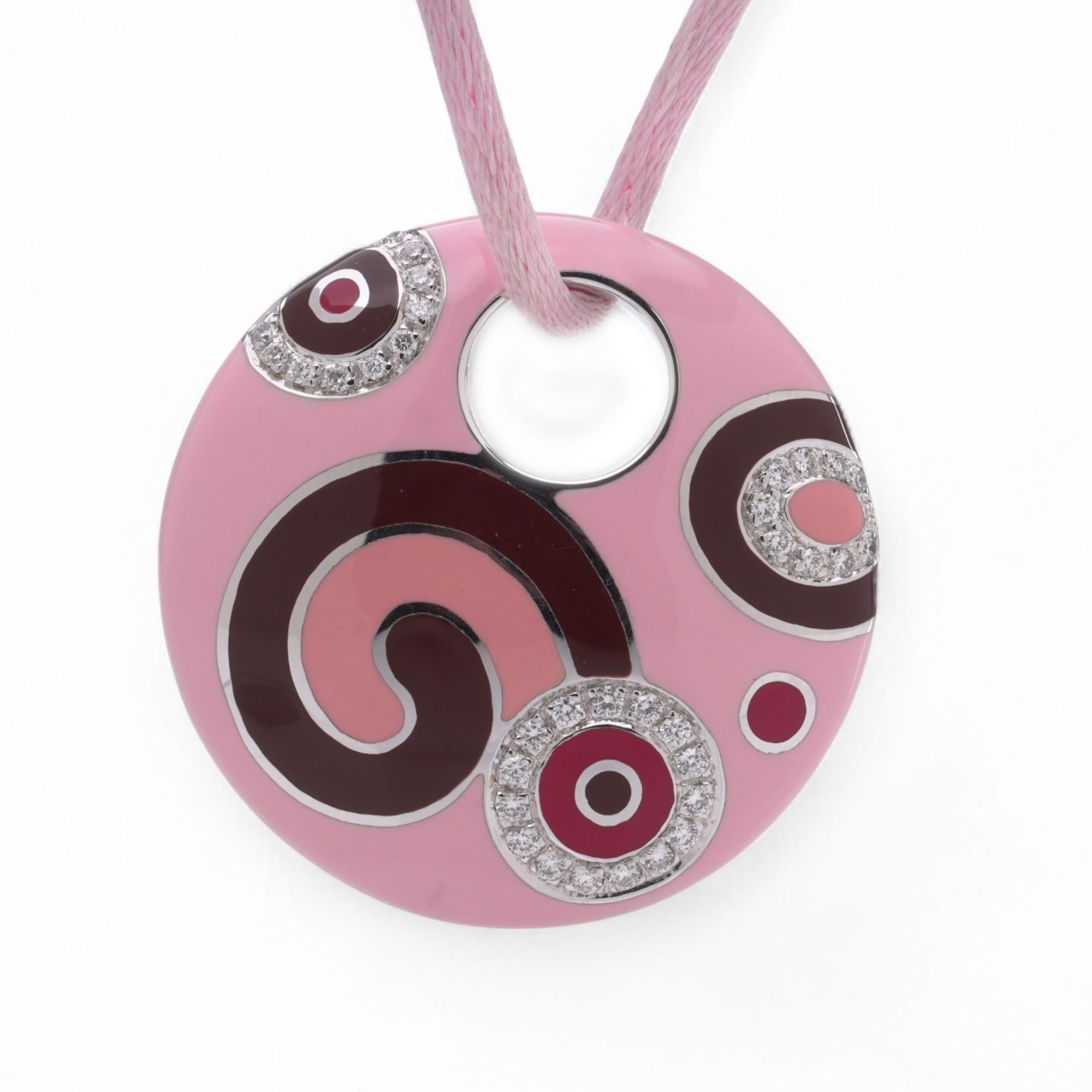 Taglio brillante Roberto Coin - Collana con ciondolo in oro bianco 18k e smalto rosa e diamanti in vendita