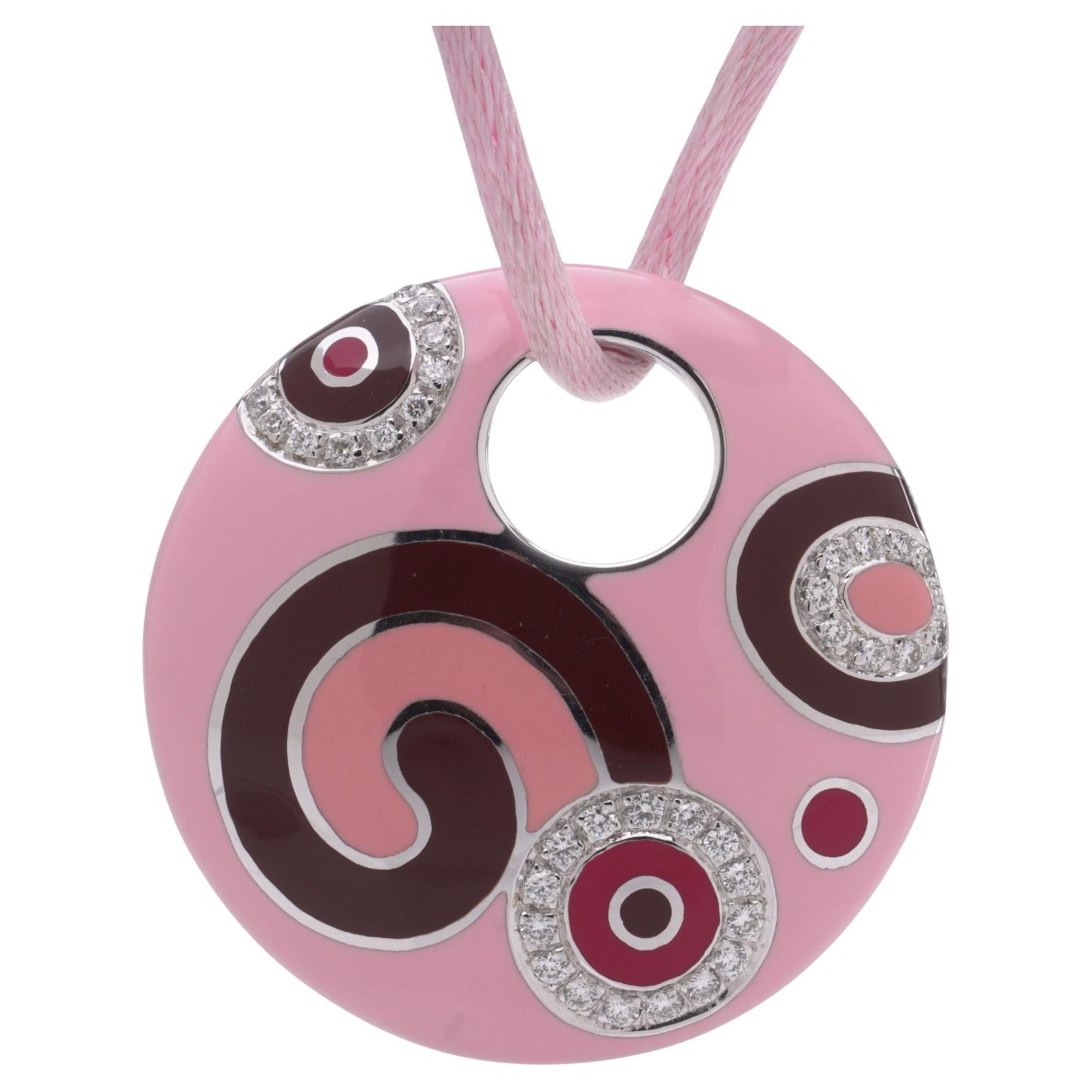 Roberto Coin - Collana con ciondolo in oro bianco 18k e smalto rosa e diamanti in vendita