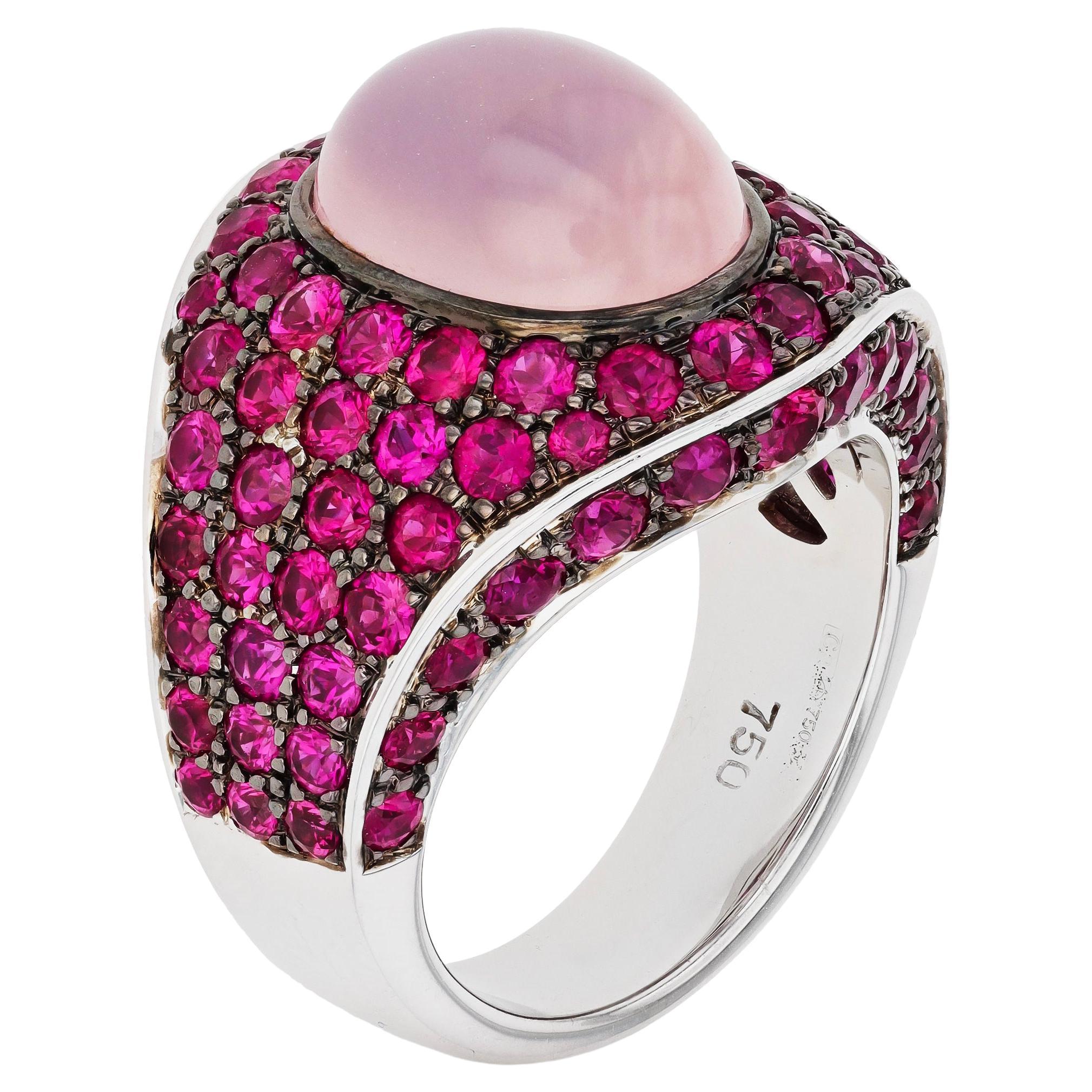 Roberto Coin 18K White Gold, Pink Quartz, and Ruby Ring sz 7 For Sale
