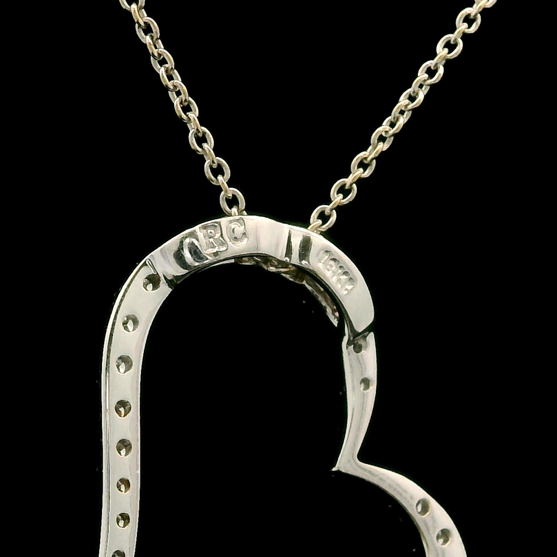 Brilliant Cut Roberto Coin 18k White Gold Slanted Diamond Open Heart Slide Pendant Necklace
