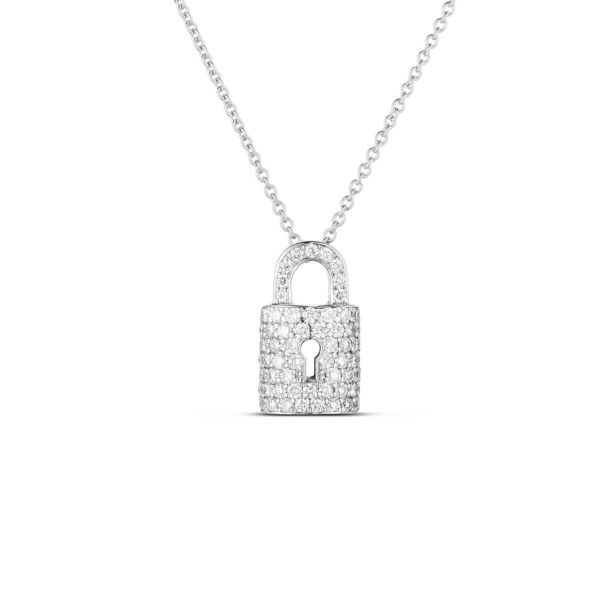 Roberto Coin 18K White Gold Tiny Treasures Diamond Lock Necklace 002136AWCHX0 In New Condition For Sale In Wilmington, DE