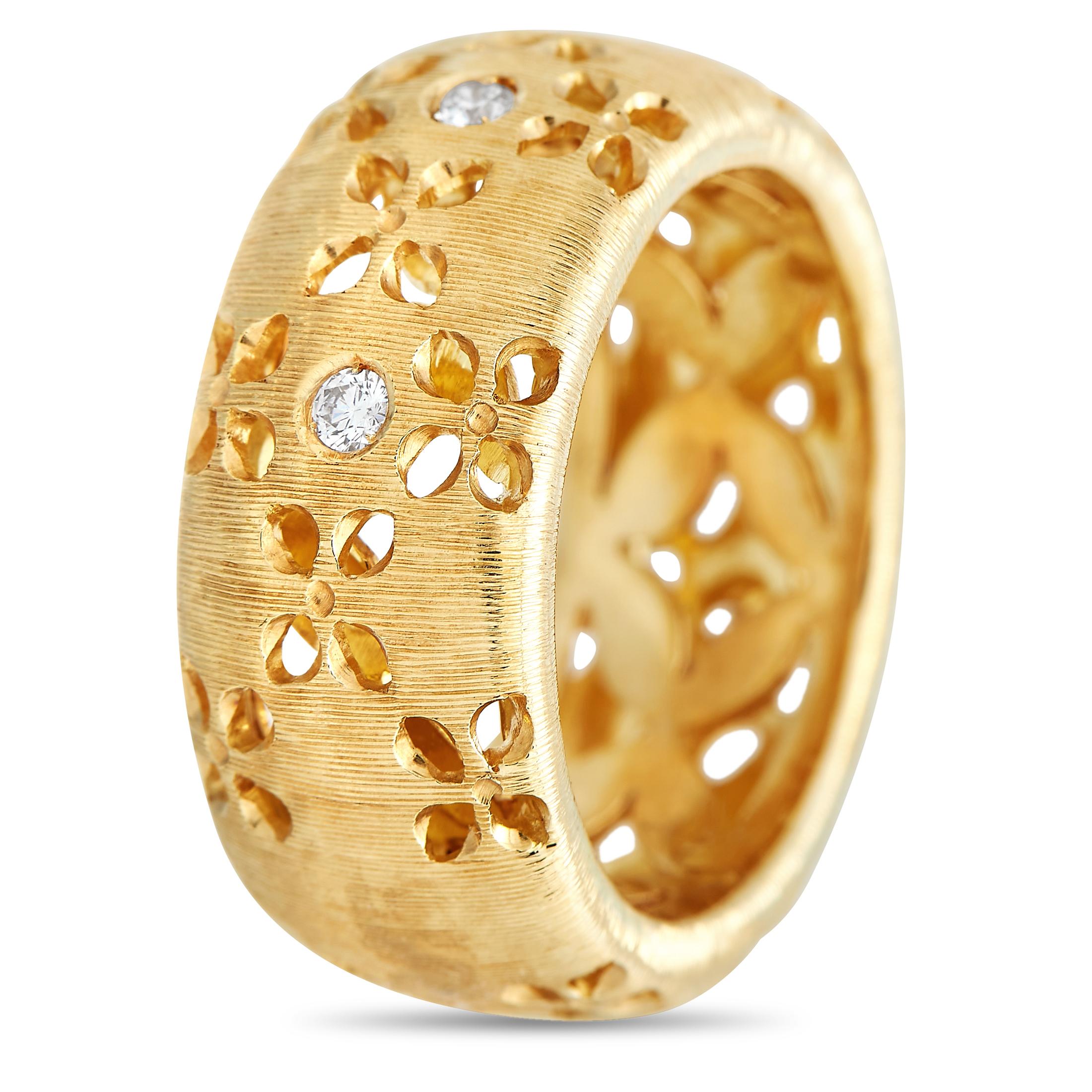 From the retired Granada Collection, this Roberto Coin creation displays the renowned Italian jeweler's mastery of the art of being different. The ring boasts a 10mm-thick band with a heavily brushed finish. Perforations in floral motifs give