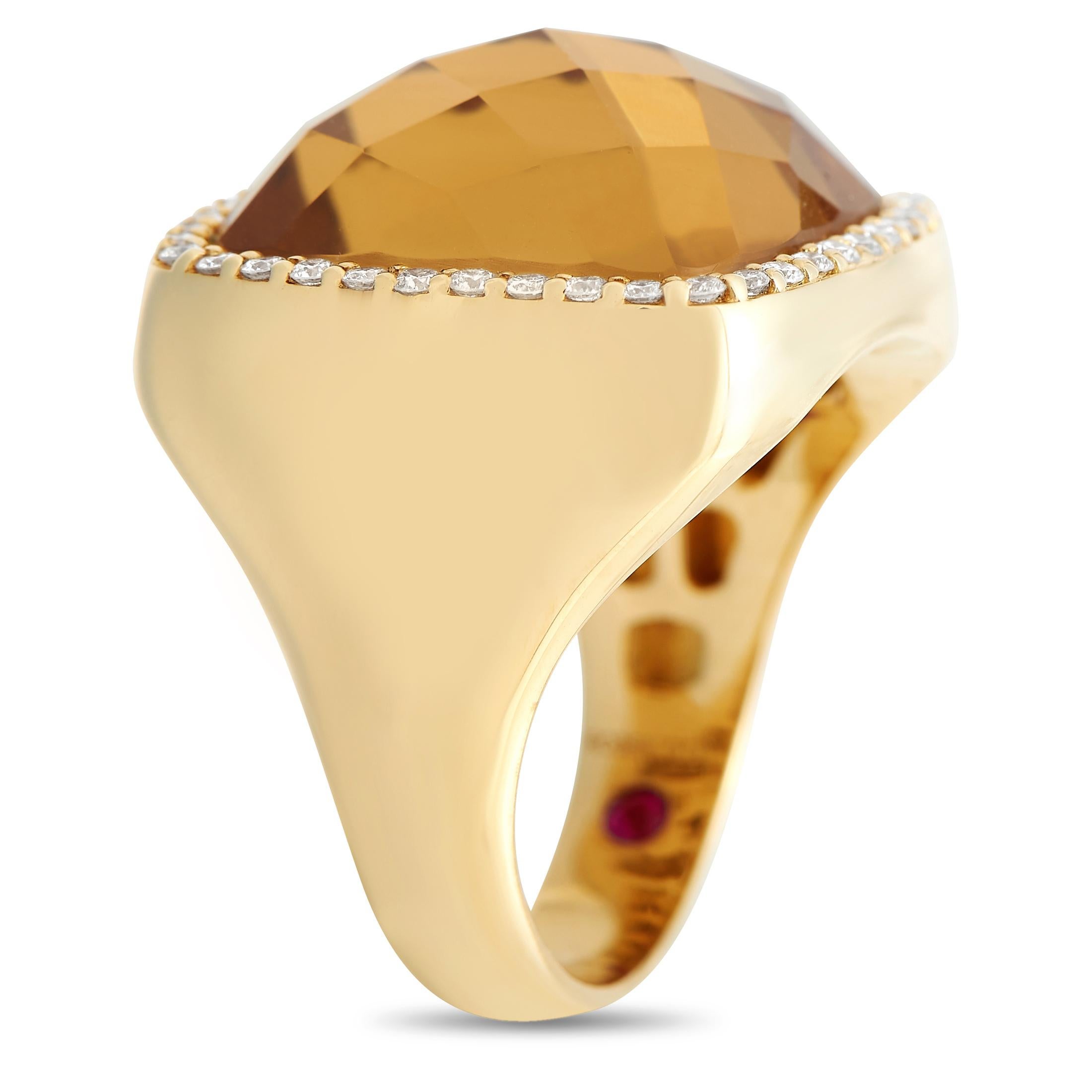For the contemporary woman, here is a captivating cocktail ring from luxury Italian jewelry designer Roberto Coin. This 18K yellow gold ring shines a warm golden glow with its polished 5mm-thick shank with an 8mm top height. The shapely shank widens