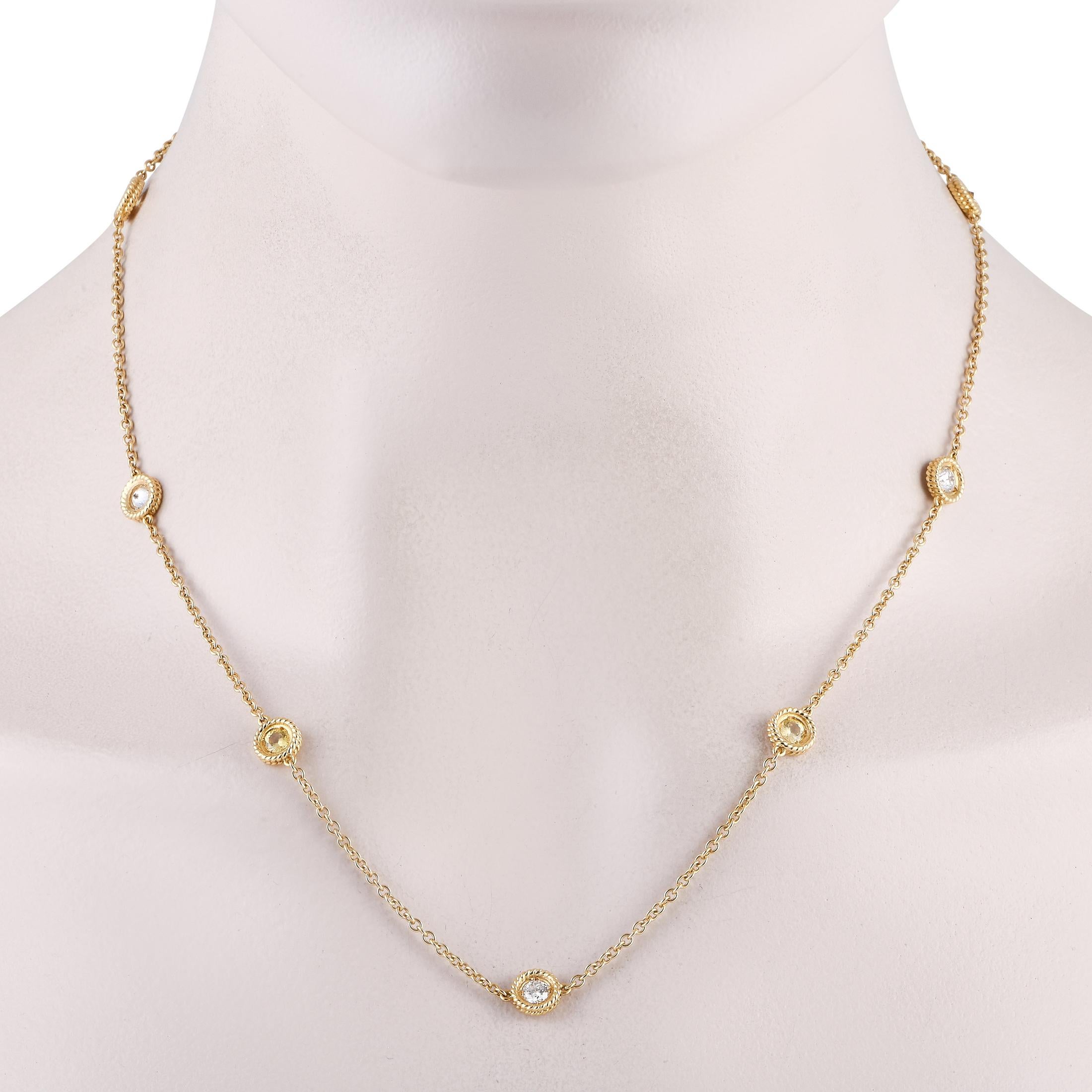 This Roberto Coin Station necklace is a timeless piece that will add elegance to any occasion. The delicate 18K yellow gold chain measures 19.0” long and is elevated by bezel-set diamonds totaling 0.70 carats and sapphires with a total weight of