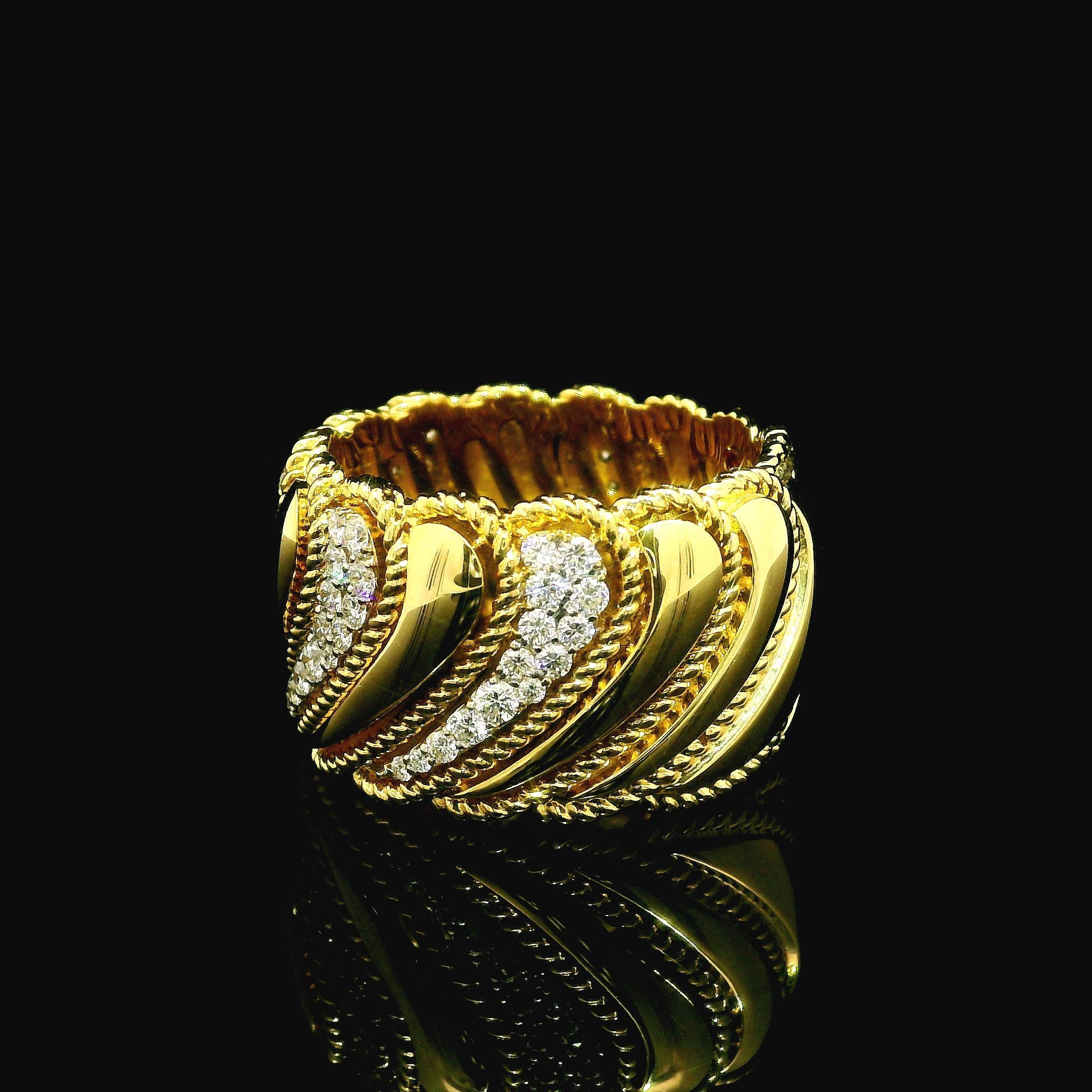 --Stone(s):--
(70) Natural Genuine Diamonds - Round Brilliant Cut - Pavé Set - F/G Color - VS1/VS2 Clarity
Total Carat Weight: 0.78 (exact)

Material: 18k Yellow Gold
Weight: 13.62 Grams
Ring Size: 7.5 (We CANNOT custom size this ring.)
Ring Width: