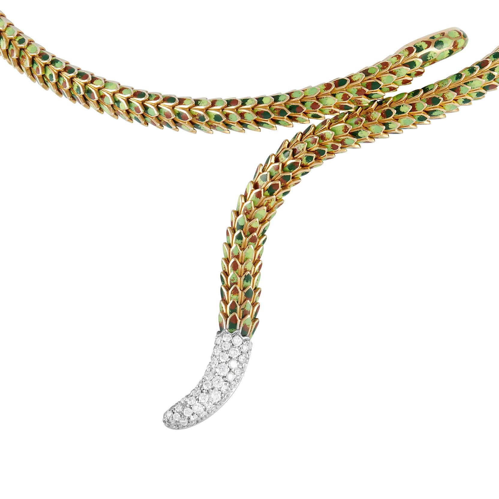 Round Cut Roberto Coin 18k Yellow Gold 1.00 Ct Diamond and Enamel Viper Necklace