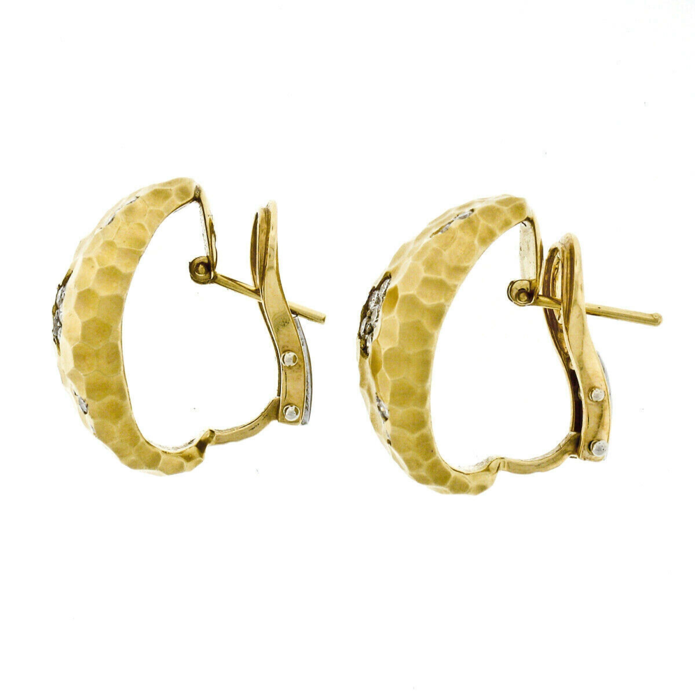Round Cut Roberto Coin 18k Yellow Gold 1ctw Diamond Hammered Textured Wide Huggie Earrings