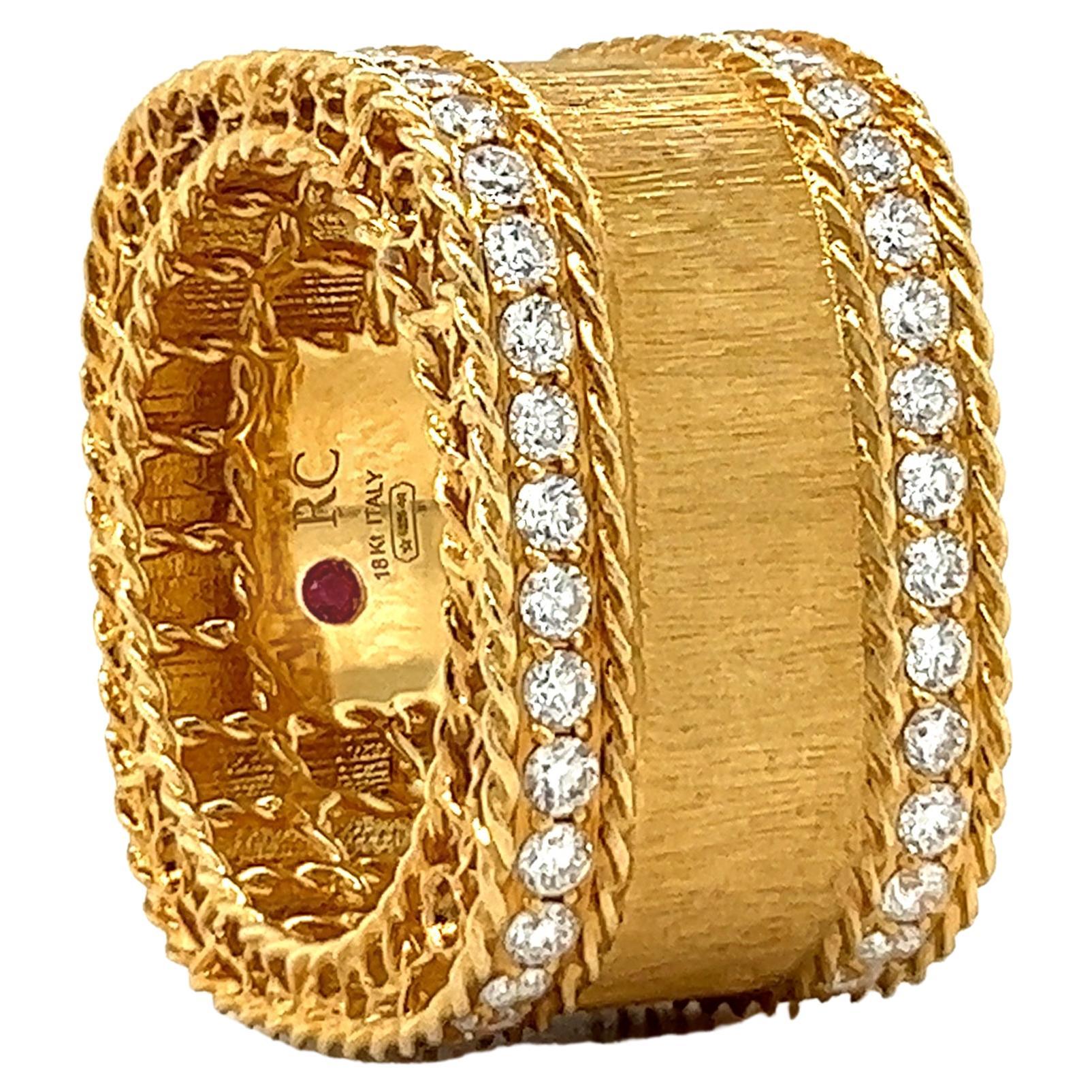Roberto Coin 18k Yellow Gold and Diamond Princess Satin Finish Square Band Ring For Sale