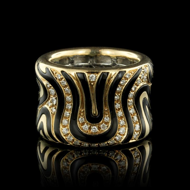 Roberto Coin 18K Yellow Gold Diamond and Enamel Zebra Ring. The ring is
designed with black enamel and set with 45 diamonds, approx. total wt. .50cts.,
size 7.