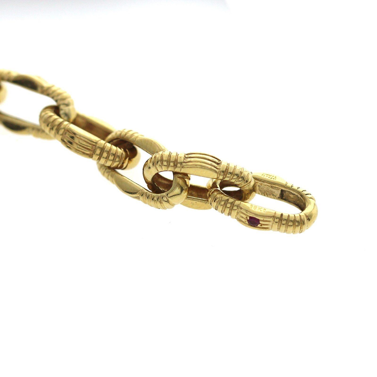 Women's or Men's Roberto Coin 18 Karat Yellow Gold Diamond Ruby Link Bracelet