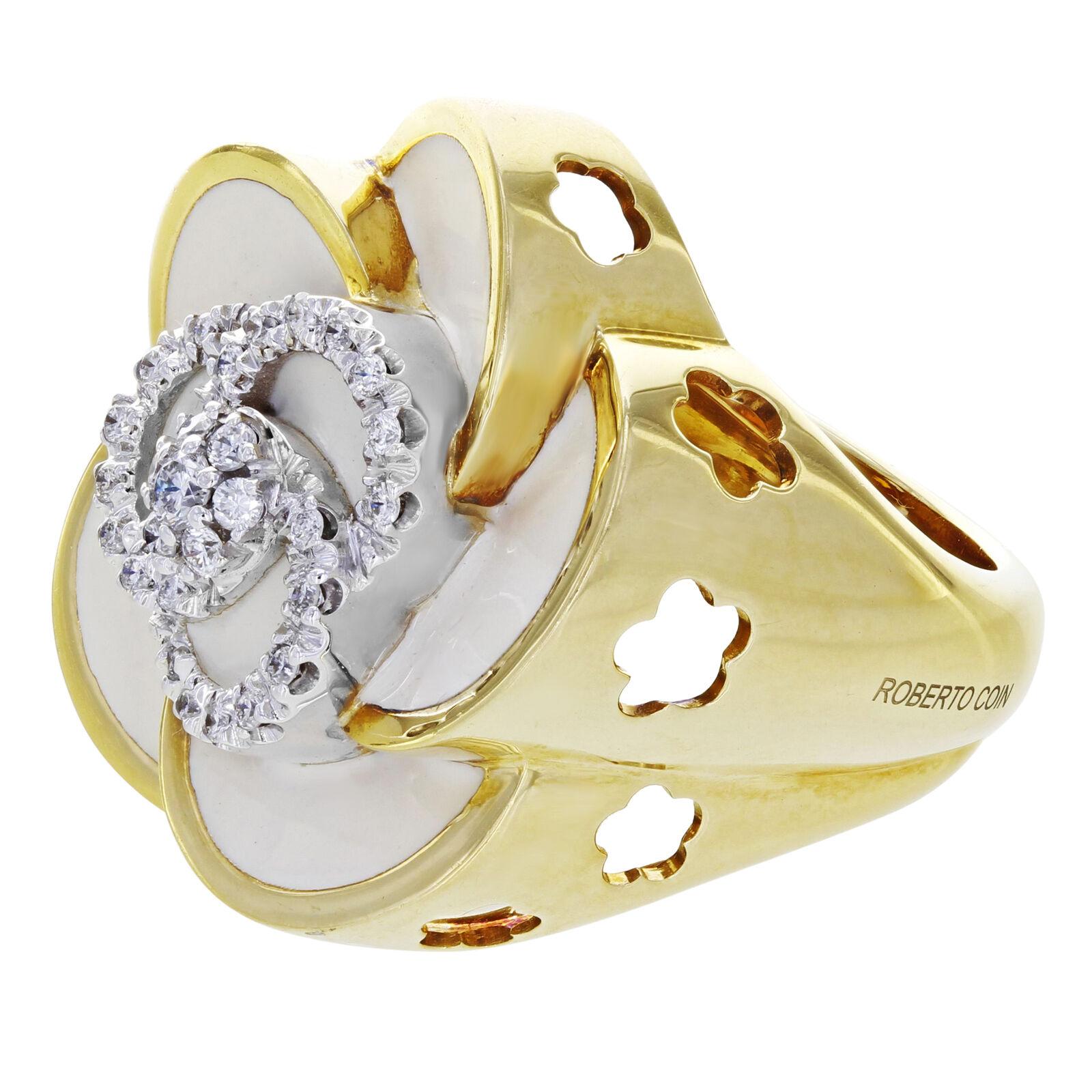 Roberto Coin 18K Yellow Gold Original Diamond Flower Ring.
Weight is 20.3 gram. Ring Size is 6.75.
The condition of the ring is New without tags. It is a right handed or cocktail ring. It is a design of a 5 petal flower coated with white enamel. It