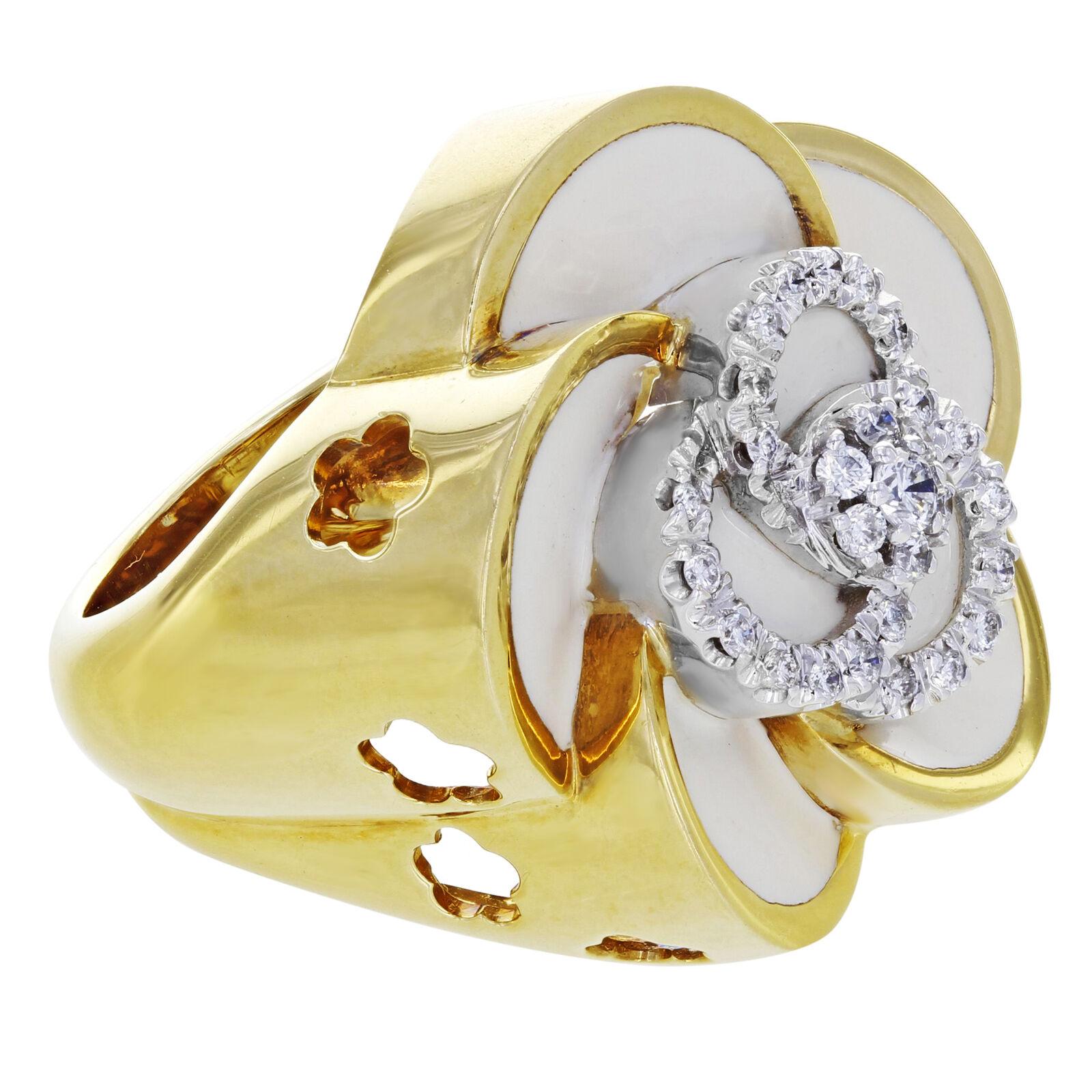 Round Cut Roberto Coin 18 Karat Yellow Gold Enamel Diamond Flower Ring 0.35 Carat