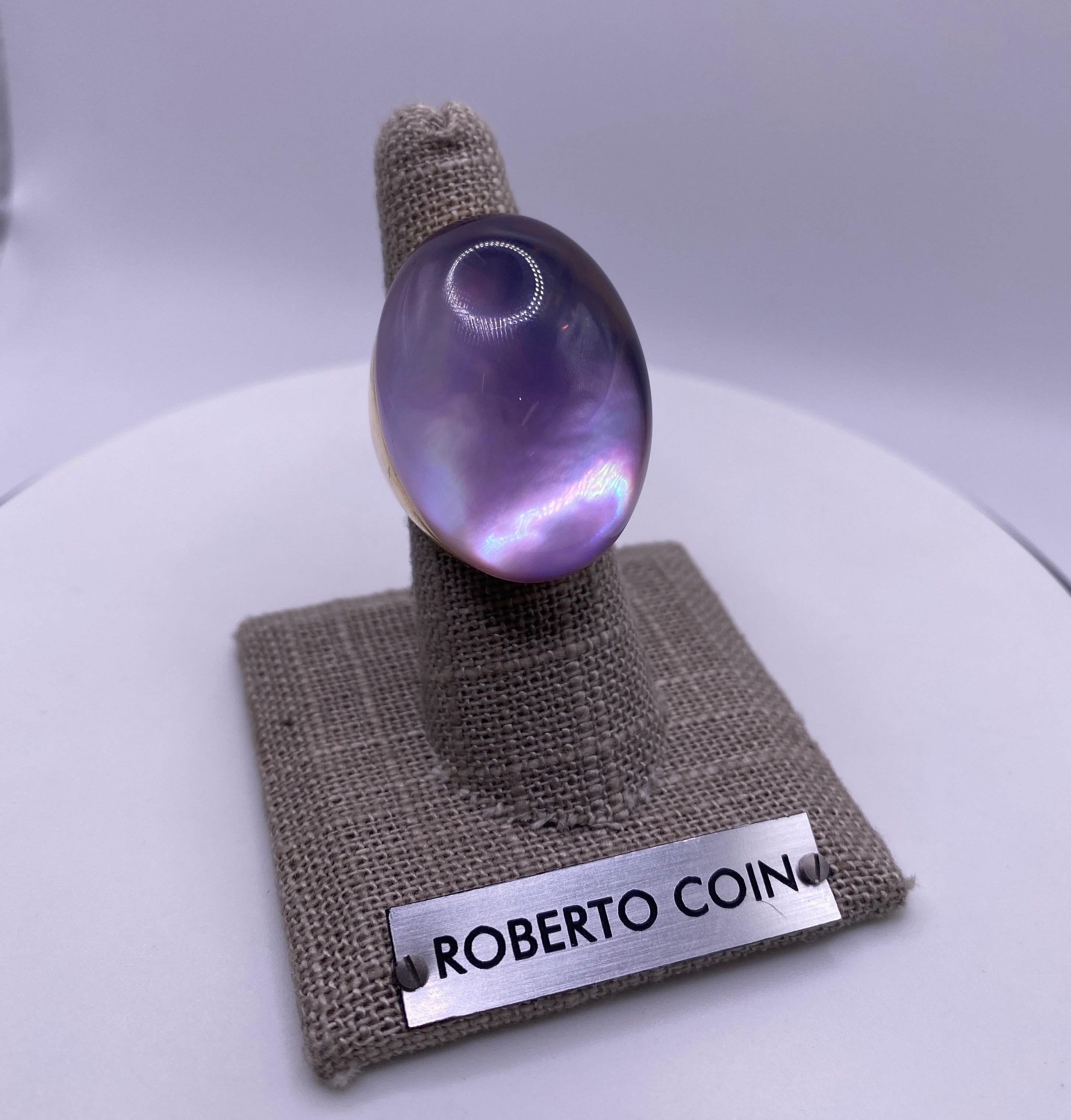 Roberto Coin Ring 18k yellow gold invisible set 24x33mm Amethyst w/ Mother of Pearl underlay. Hidden .02ct ruby and Roberto Coin mark on inside. Size 7