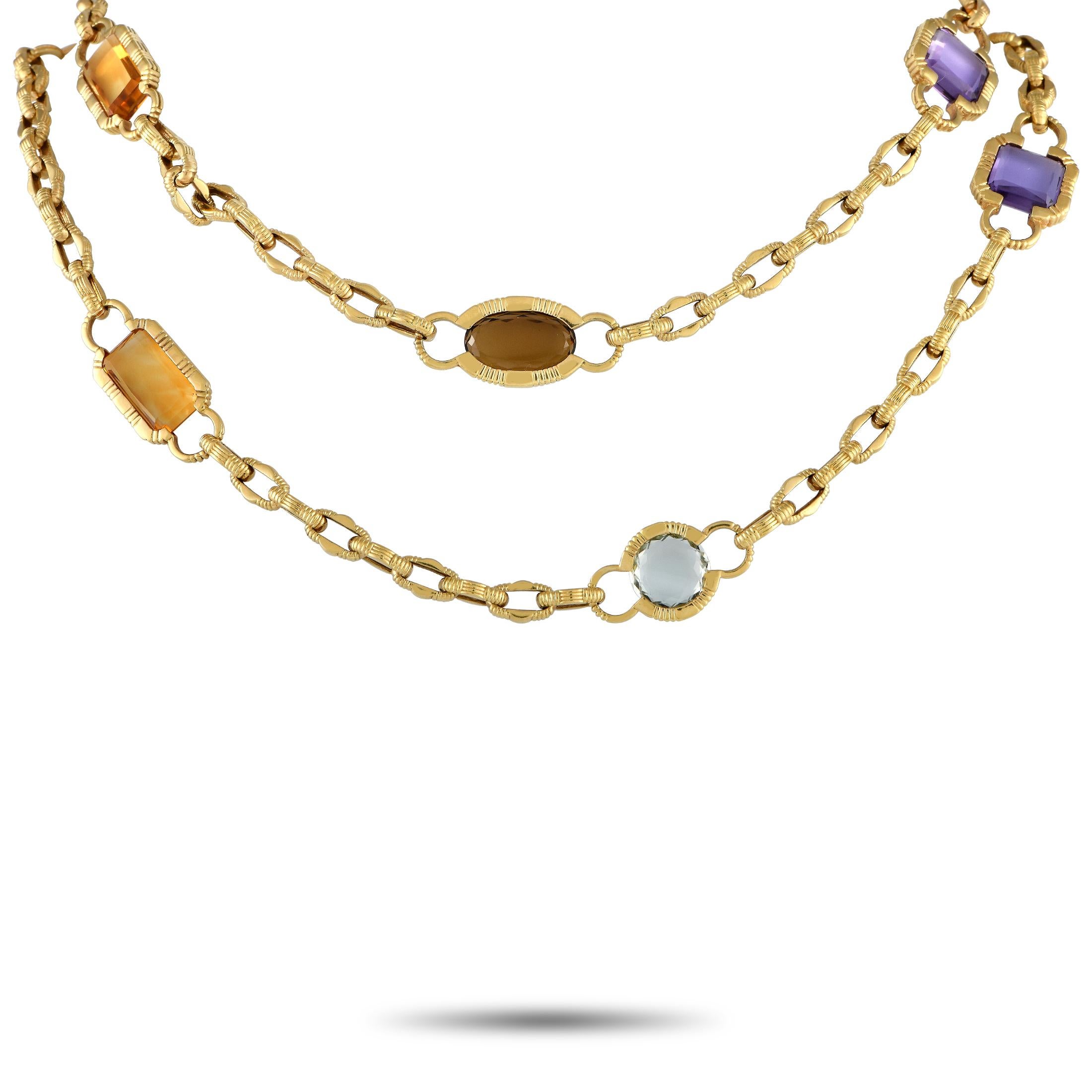 Infuse whimsical elegance to your wardrobe through this Roberto Coin long necklace in 18K yellow gold. The necklace features a 31-inch-long chain of textured links interspersed with gemstone stations for that pop of color and soft brilliance. This