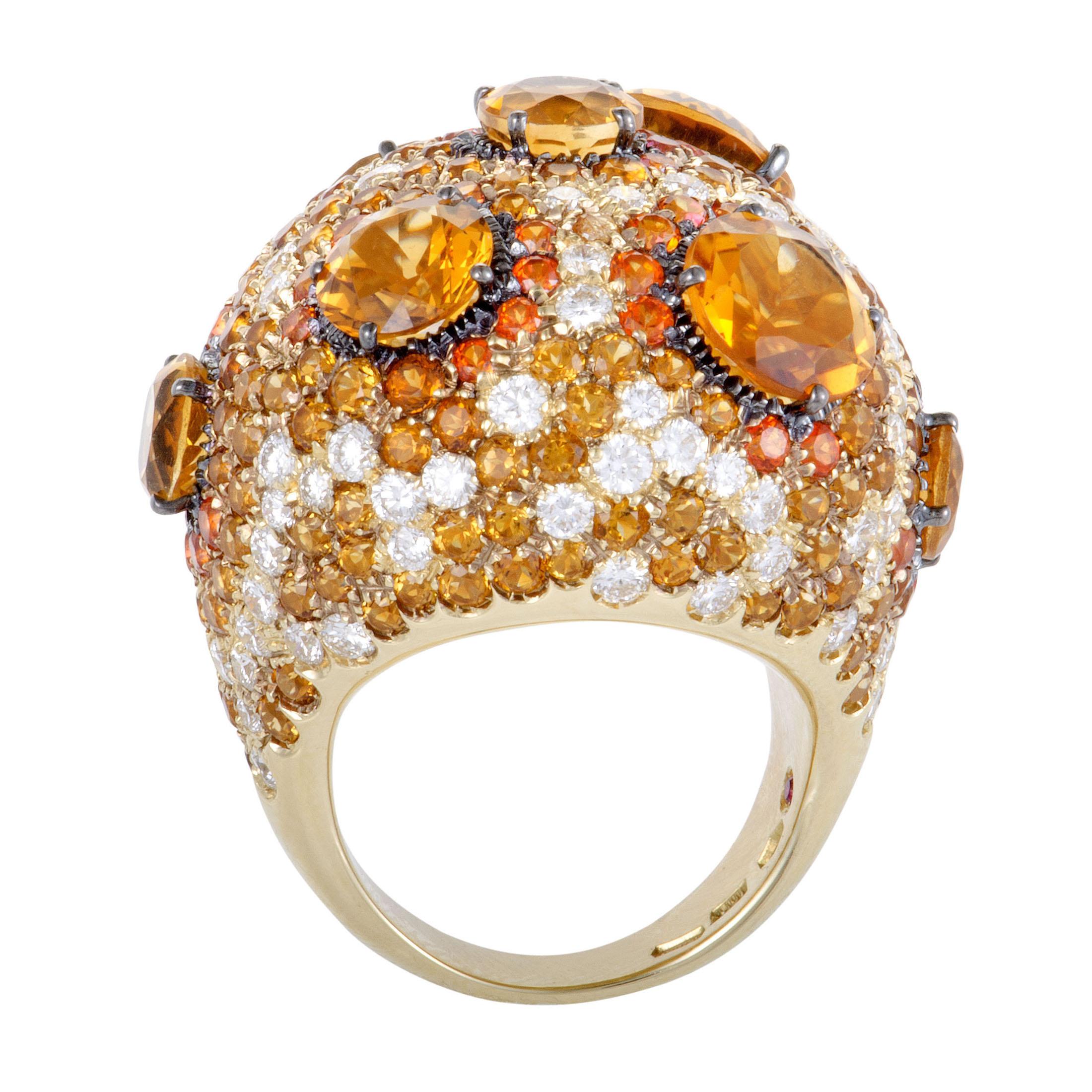 Mesmerizing, flamboyant and certainly memorable, the majestic design of this astonishing ring from Roberto Coin is executed to perfection, with partially black rhodium-plated 18K yellow gold hosting a spellbinding blend of glistening diamonds