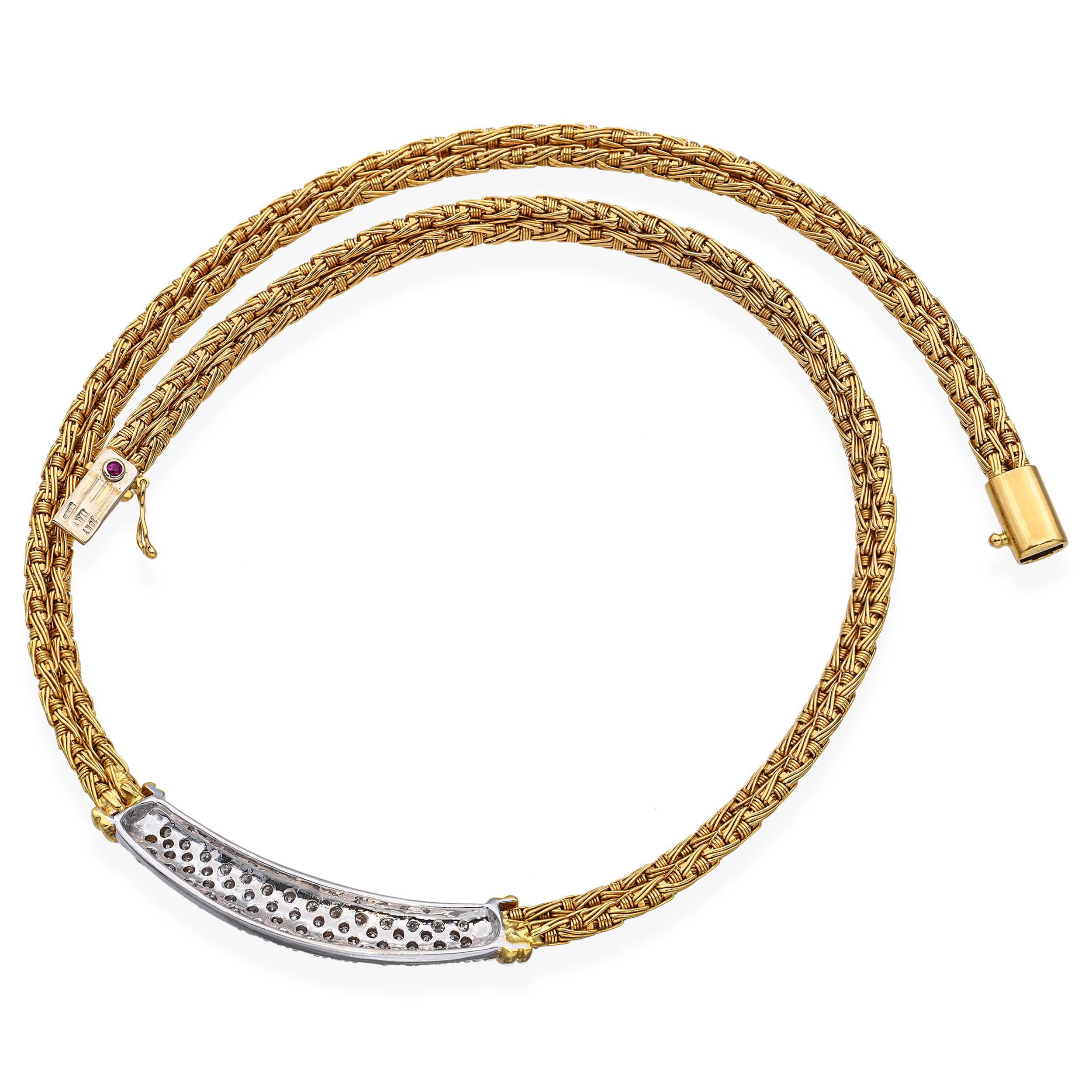 Donna Roberto Coin 18k Yellow Gold Two Tone Braided Link Diamond Pave Necklace in vendita