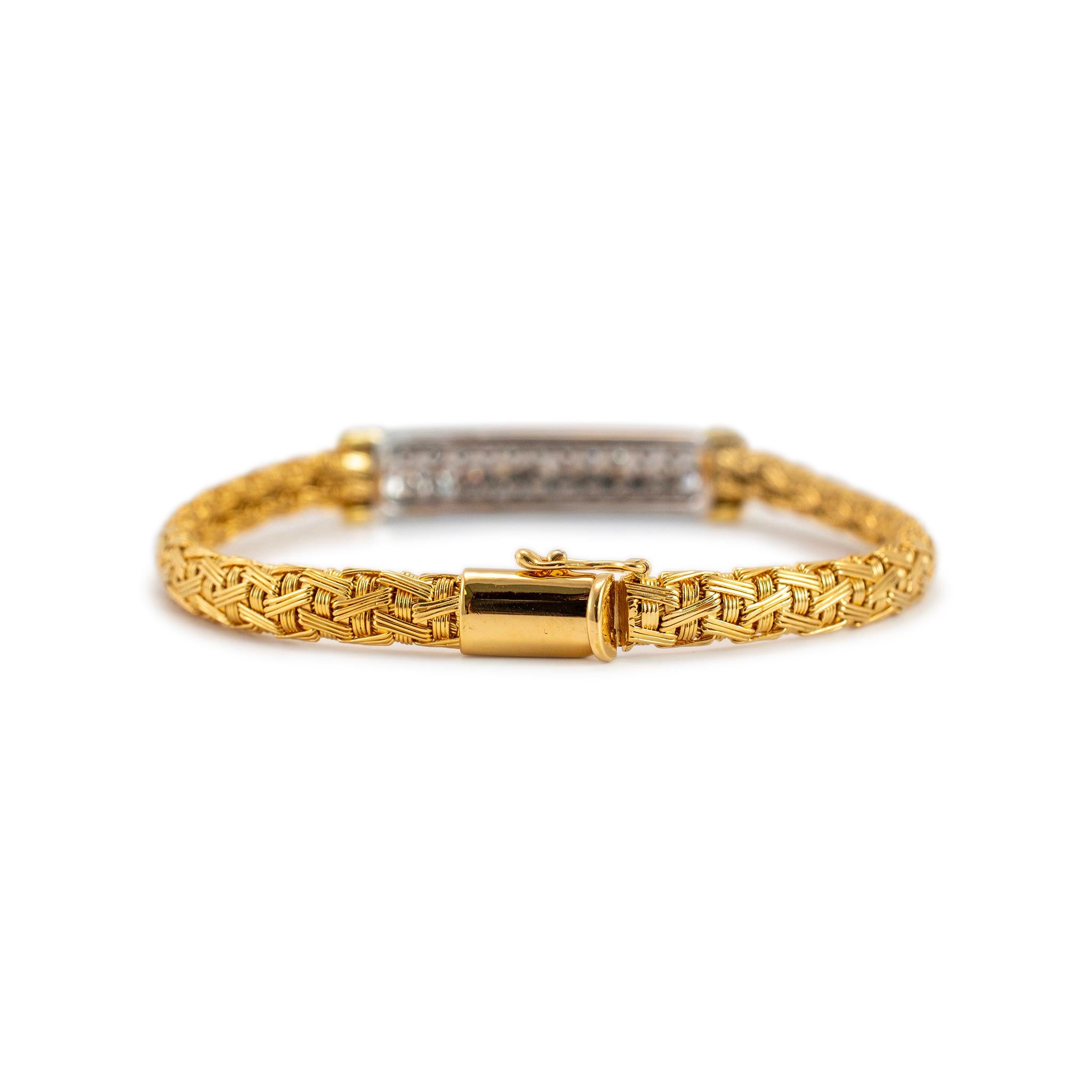 Roberto Coin 18K Yellow & White Gold Pave Diamond Bar Woven Link Bracelet In Excellent Condition In Houston, TX