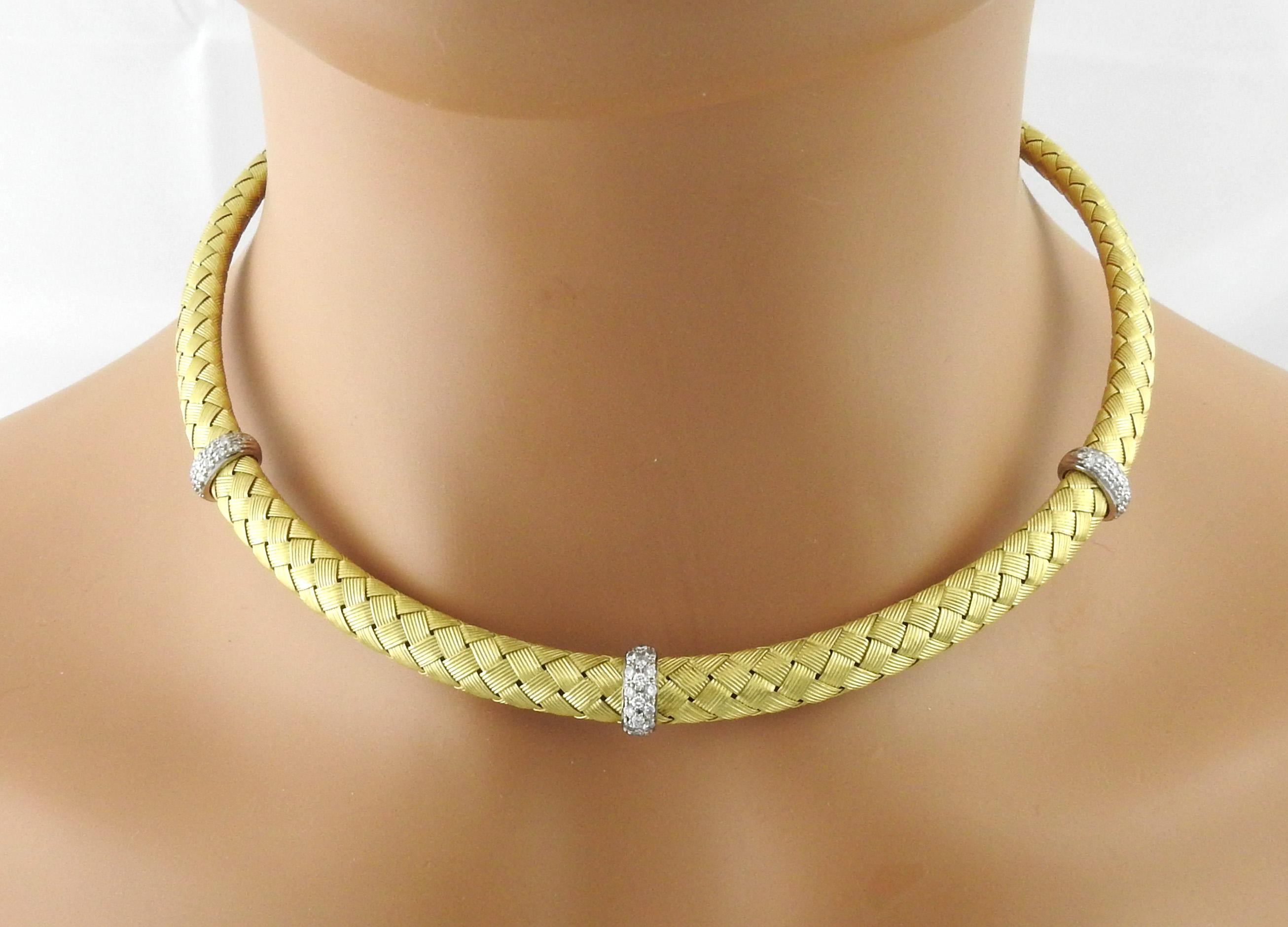 Roberto Coin 18 Karat Yellow Woven Silk 3 Station Diamond Necklace Choker 3
