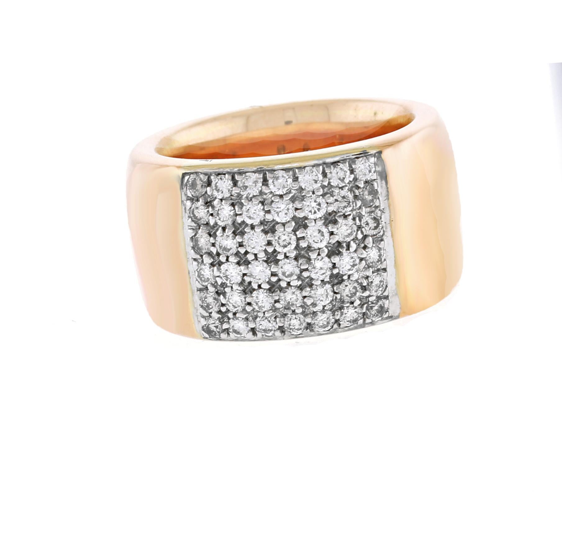 A luxurious and elegant addition to any jewelry collection, this Roberto Coin band features 18kt rose gold and white gold pave and is adorned with 42 round diamonds for a total weight of .75cts. With a width of 12.5mm, this band is designed to make