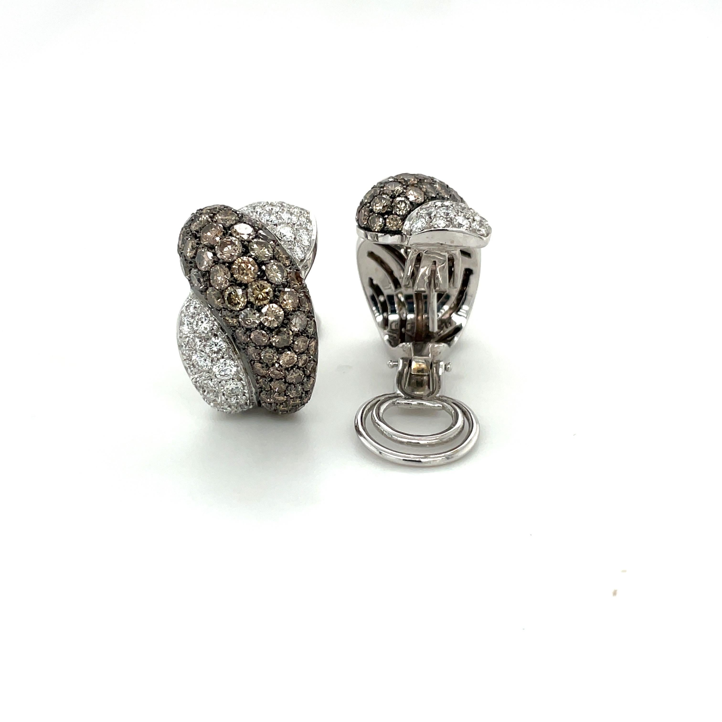Contemporary Roberto Coin 18KT White Gold Twist Earrings, 8.70CT Brown & White Diamonds For Sale