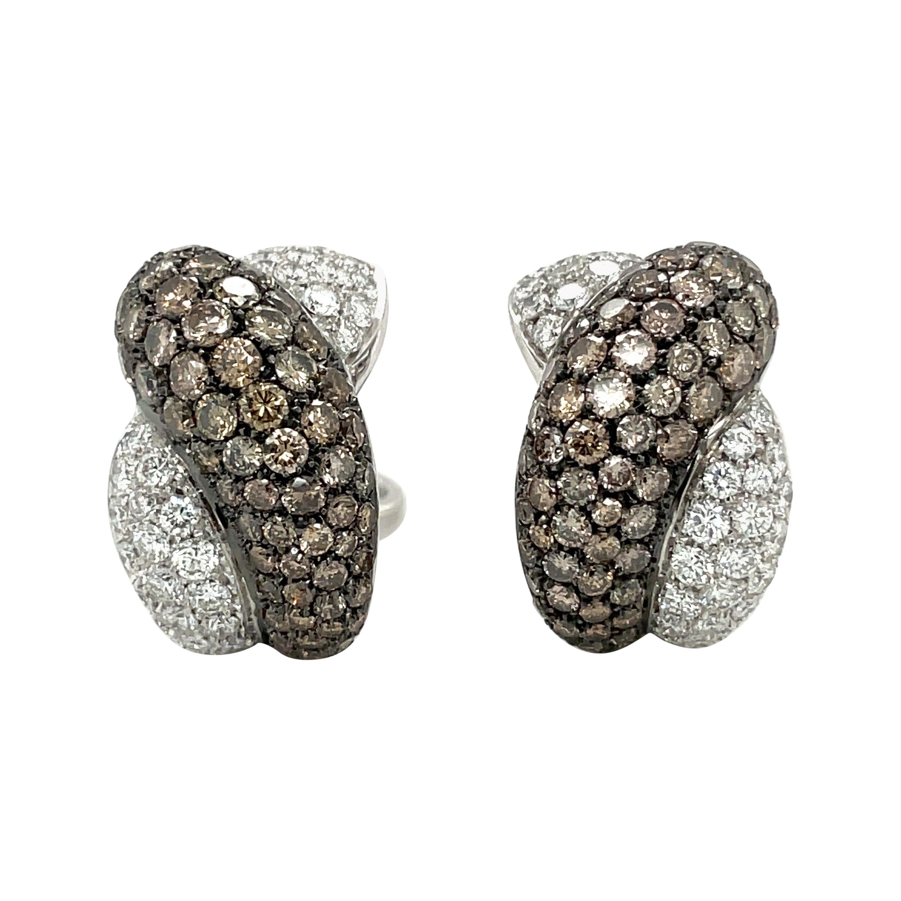 Roberto Coin 18KT White Gold Twist Earrings, 8.70CT Brown & White Diamonds For Sale
