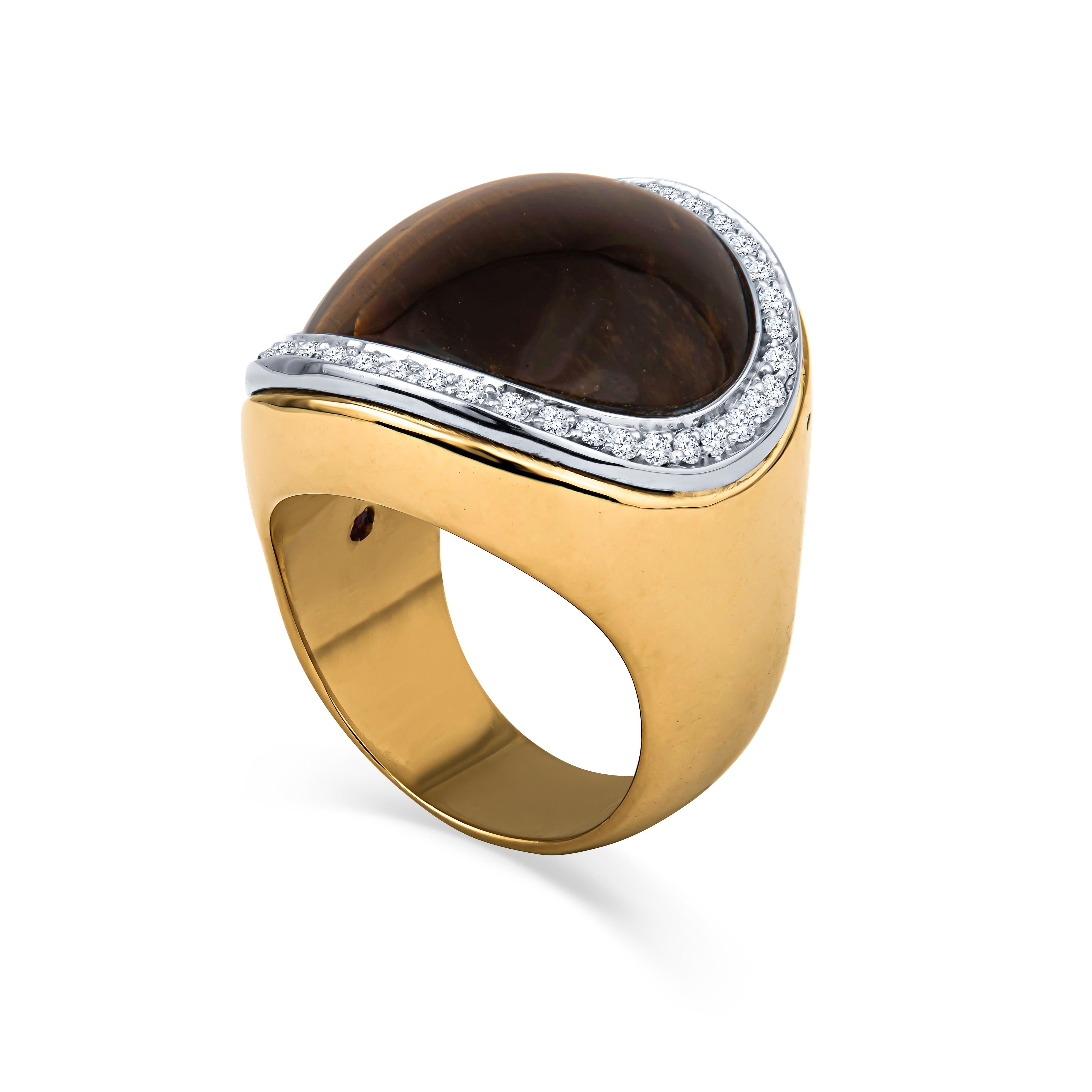 Round Cut Roberto Coin 18 Karat Yellow Gold and Tiger's Eye Ring with Diamond Halo