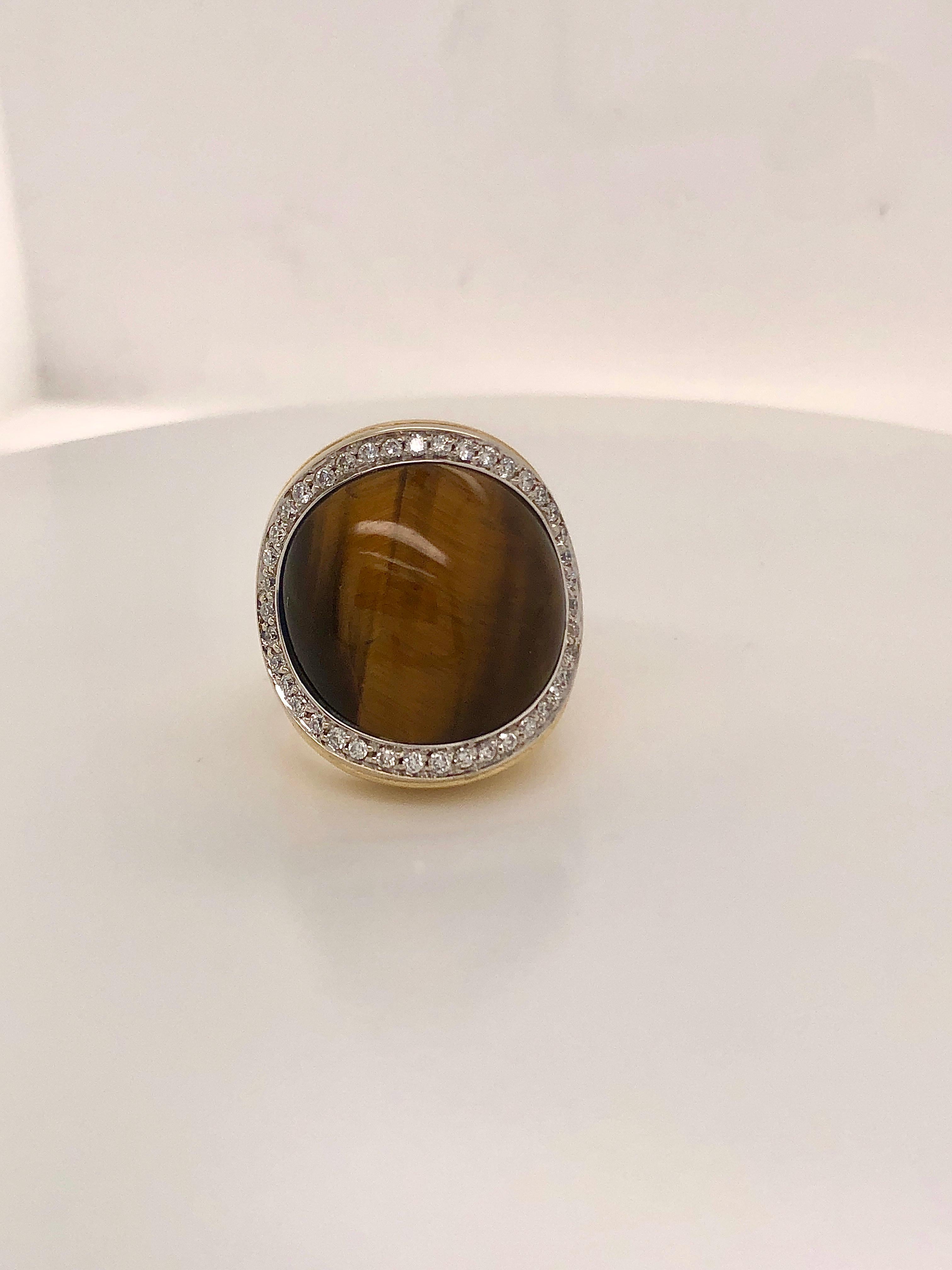 Women's or Men's Roberto Coin 18 Karat Yellow Gold and Tiger's Eye Ring with Diamond Halo