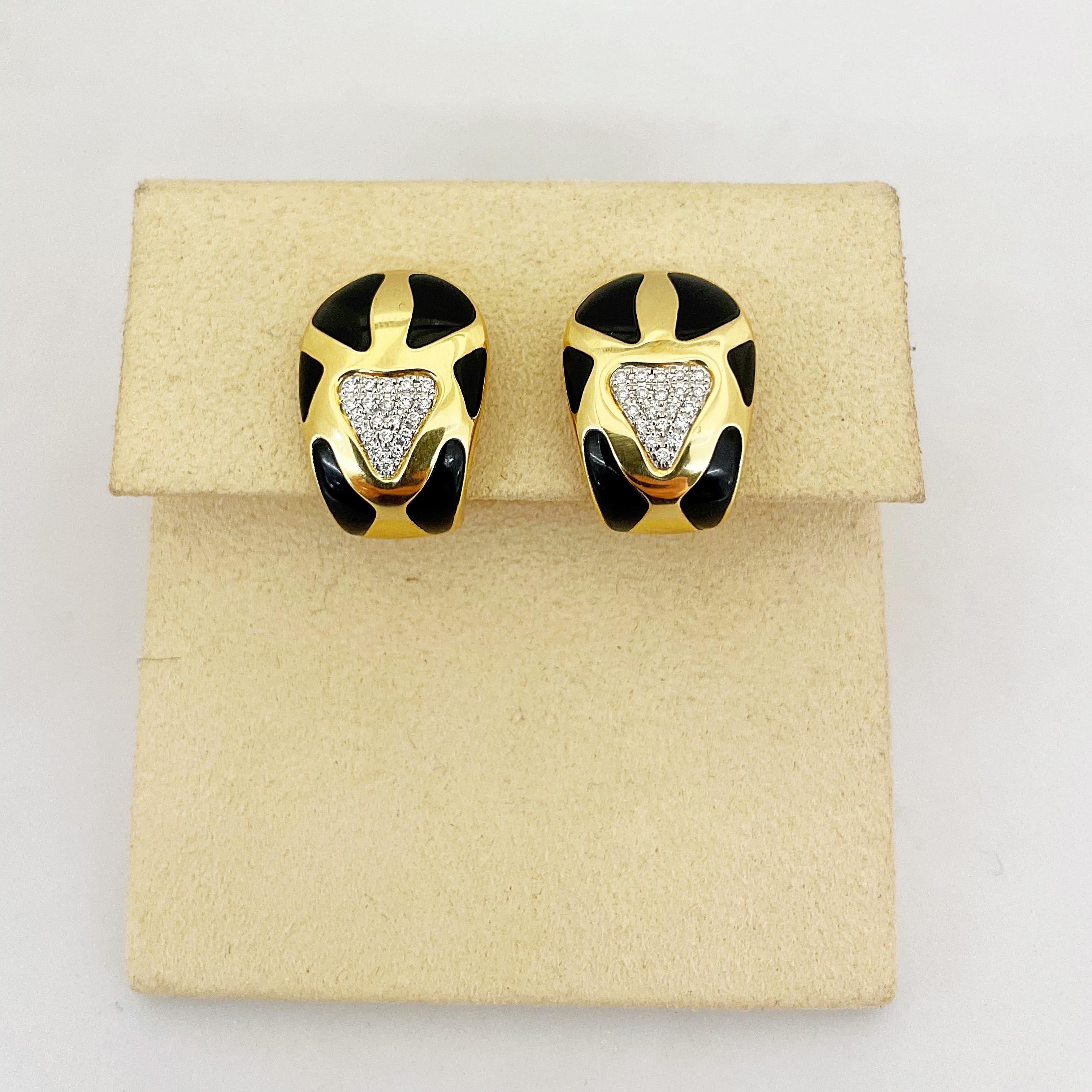 Round Cut Roberto Coin 18 Karat Yellow Gold Onyx and Diamond Giraffe Pattern Earring For Sale