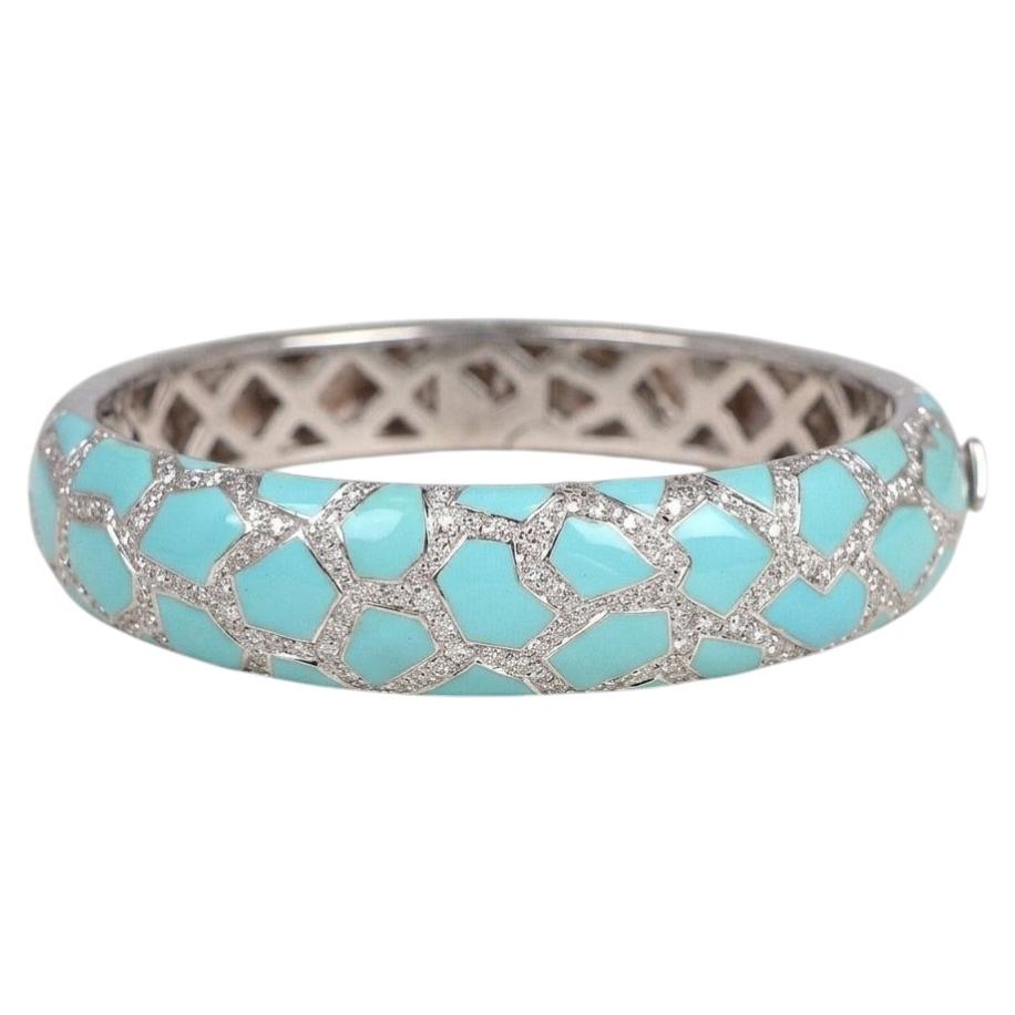 Roberto Coin 2 Carat Diamond Turquoise Enamel 18k White Gold Bangle Bracelet