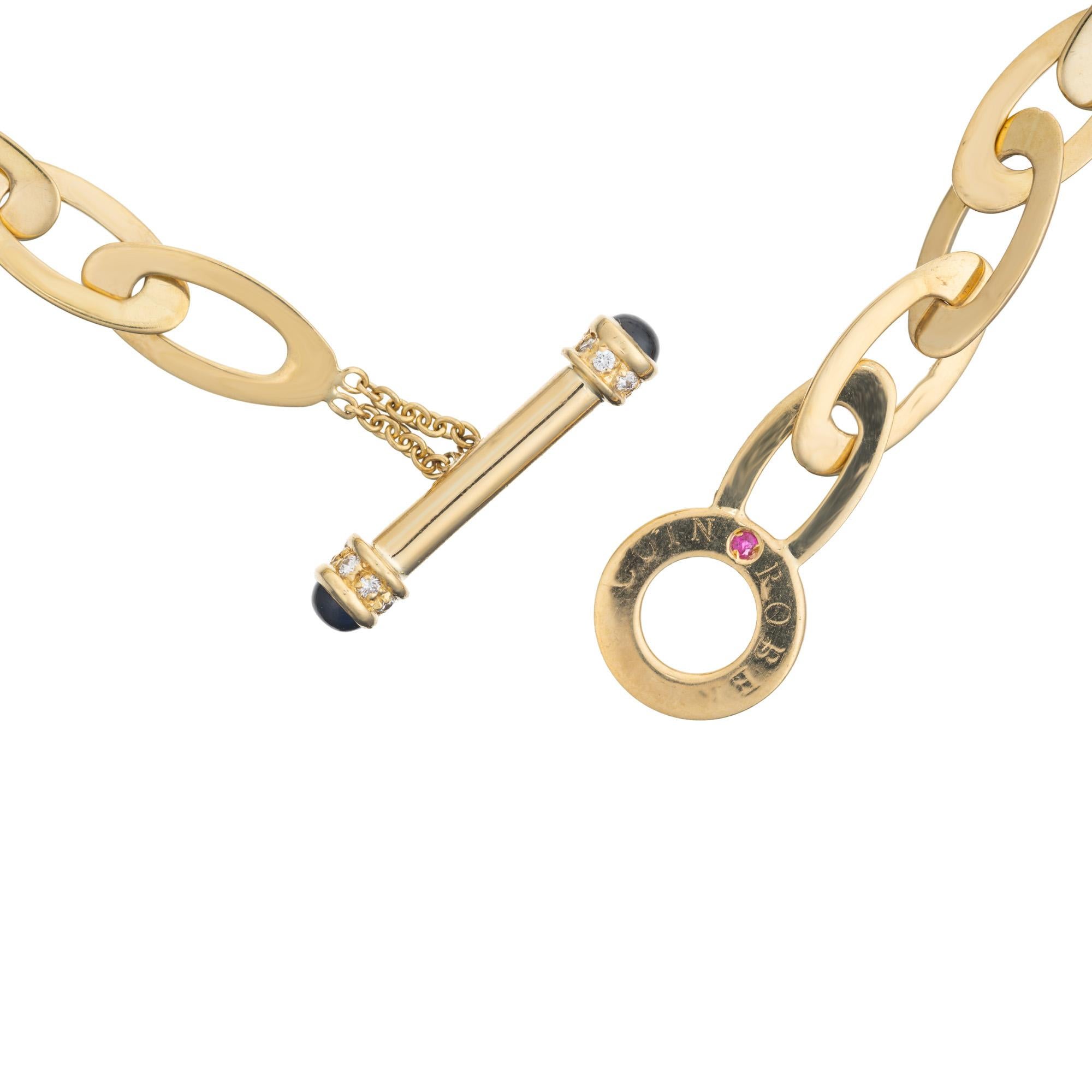 Designer chic oval link gold necklace. This Roberto Coin, link necklaces has a total length of 32 inches, allowing to worn at that length or in a multi chain fashion. The highly polished elongated 18k yellow gold oval links alternate in size. The