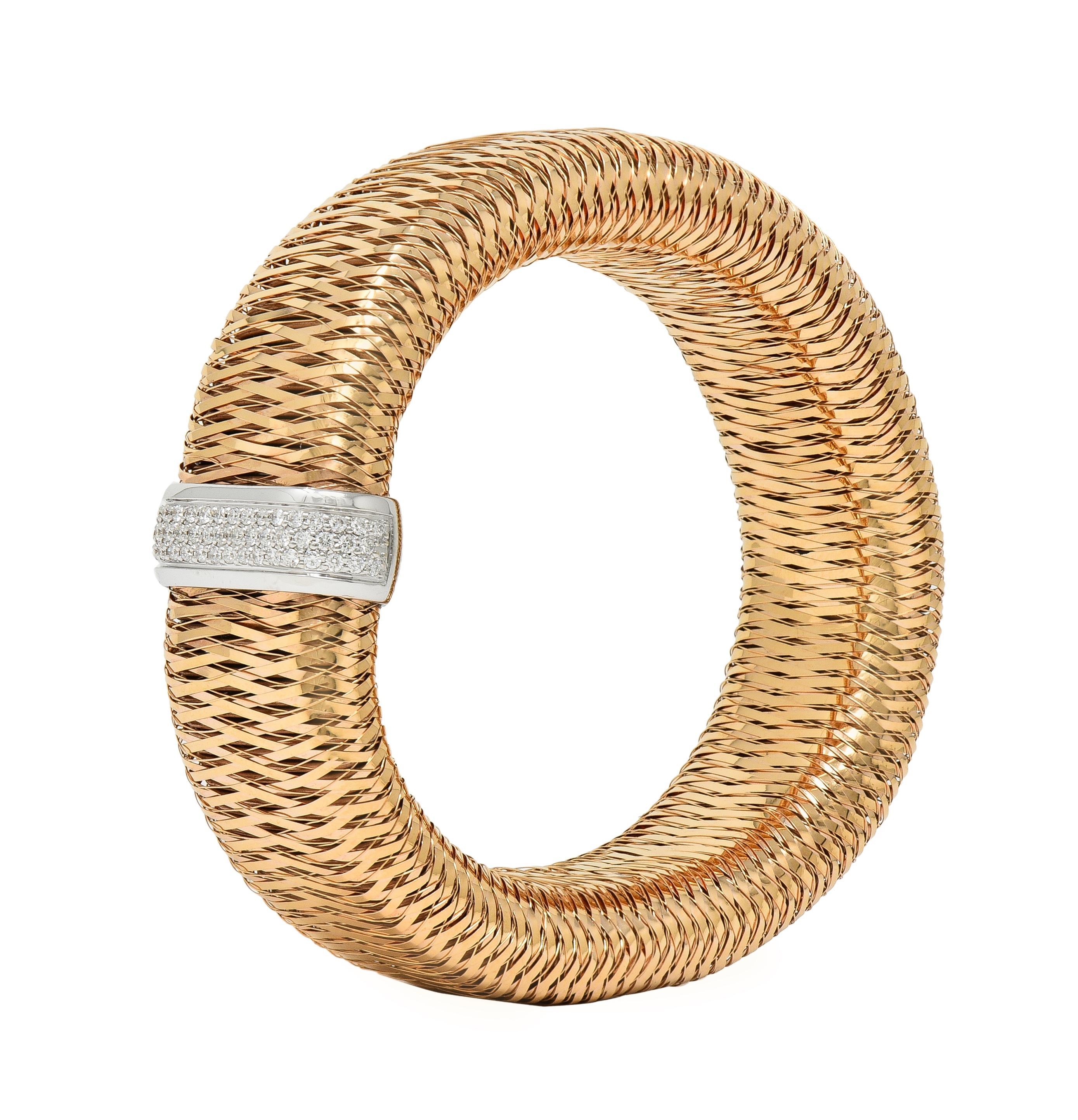 Designed as a woven rose gold mesh tubogas bracelet
Bisected by a pavé set white gold bar 
With round brilliant cut diamonds 
Weighing approximately 1.08 carats total
G/H color with VS clarity 
With considerable flex and high polish
Stamped with