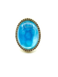 Roberto Coin Anello da cocktail con Topazio Blu Cabochon e Diamanti Champagne da 26,18 Carati