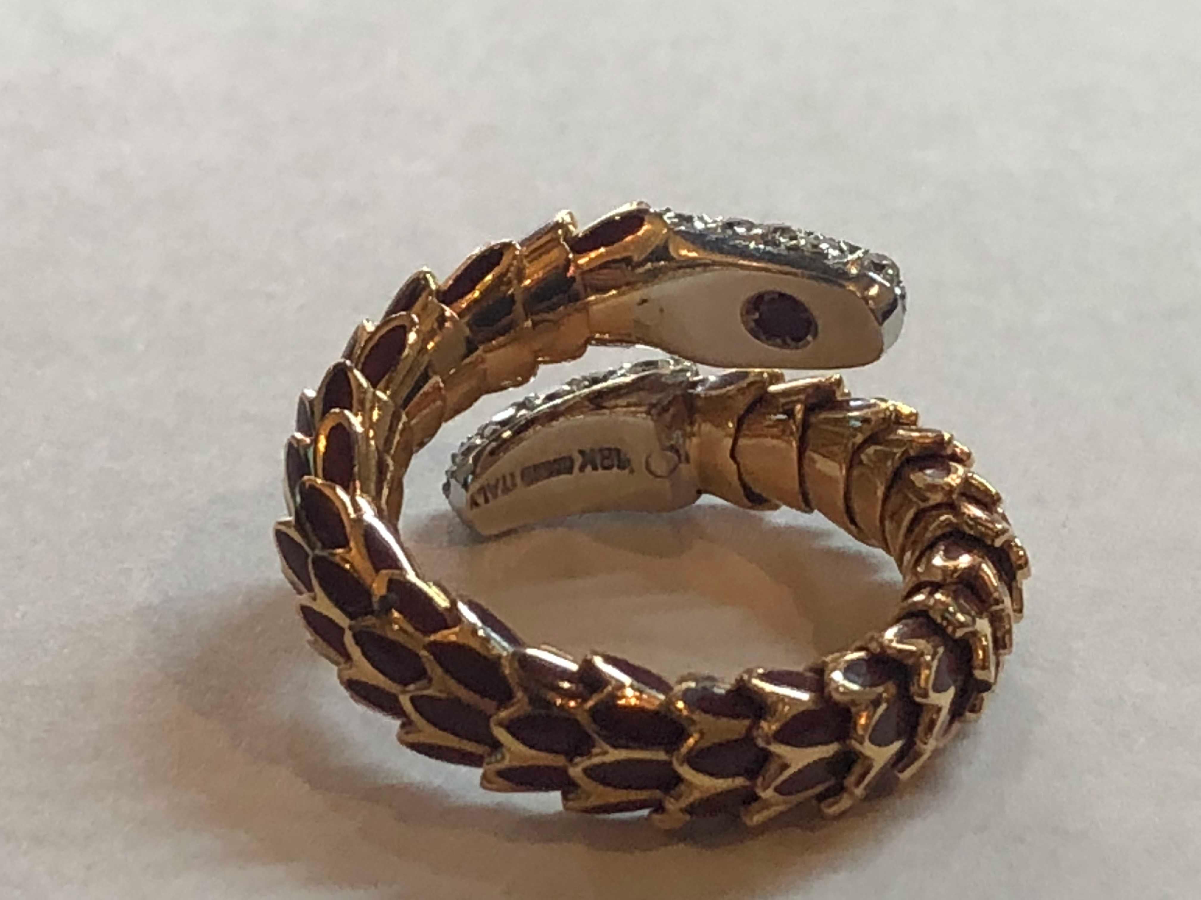 Round Cut Roberto Coin 40 Diamond Enamel 18 Karat Rose Gold Snake Design Ring Flexible