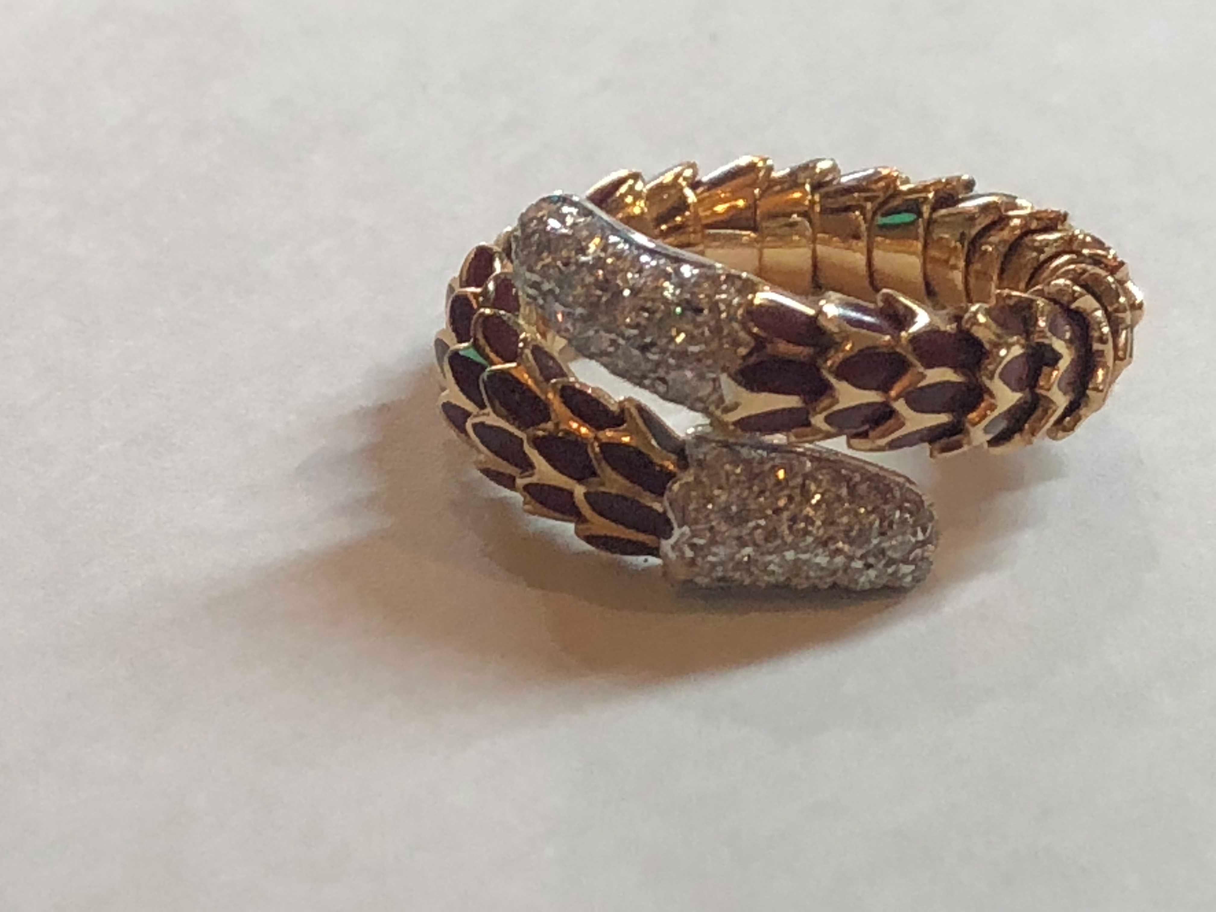 Roberto Coin 40 Diamond Enamel 18 Karat Rose Gold Snake Design Ring Flexible In Excellent Condition In Fort Lauderdale, FL