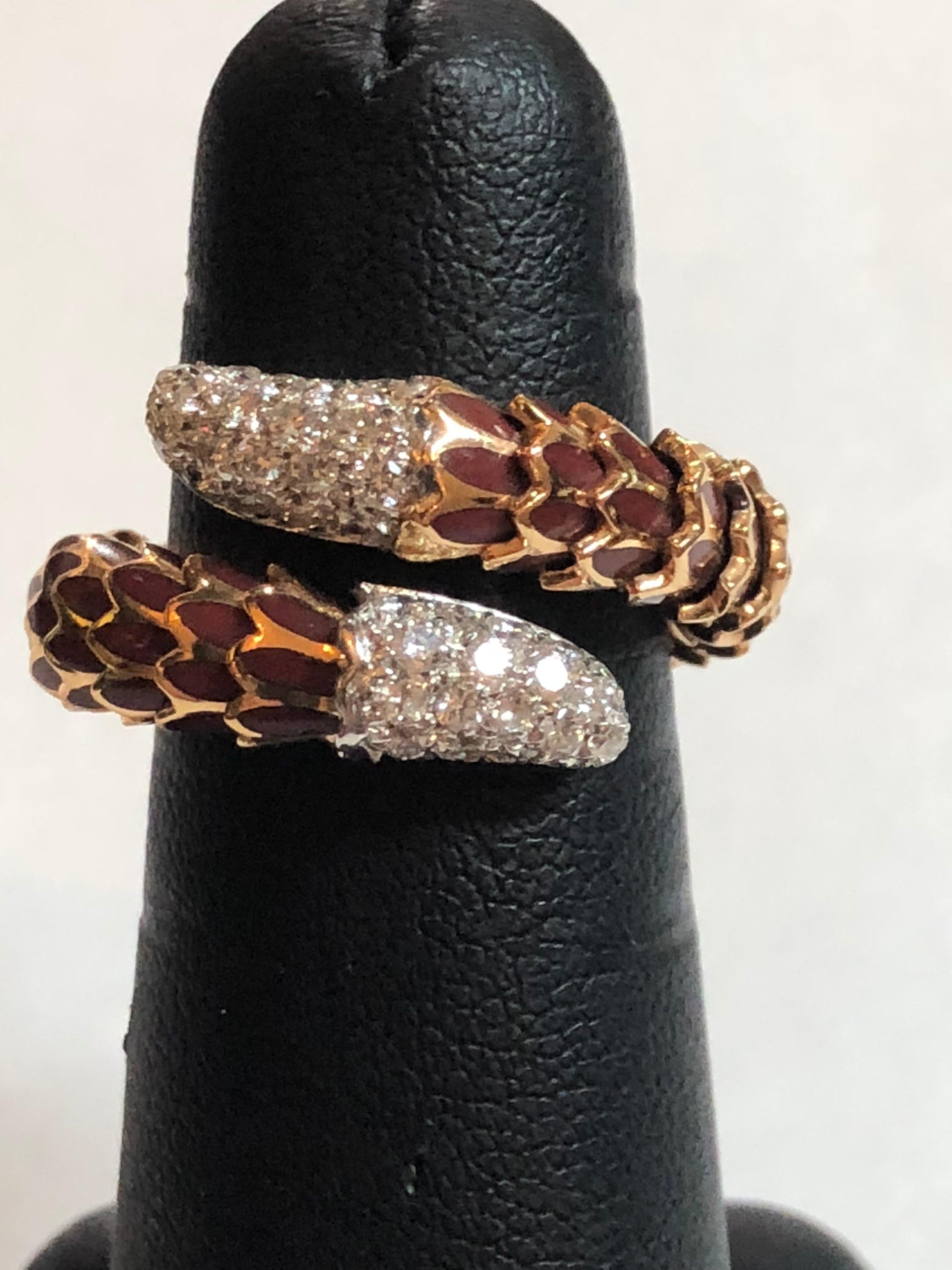 Women's Roberto Coin 40 Diamond Enamel 18 Karat Rose Gold Snake Design Ring Flexible